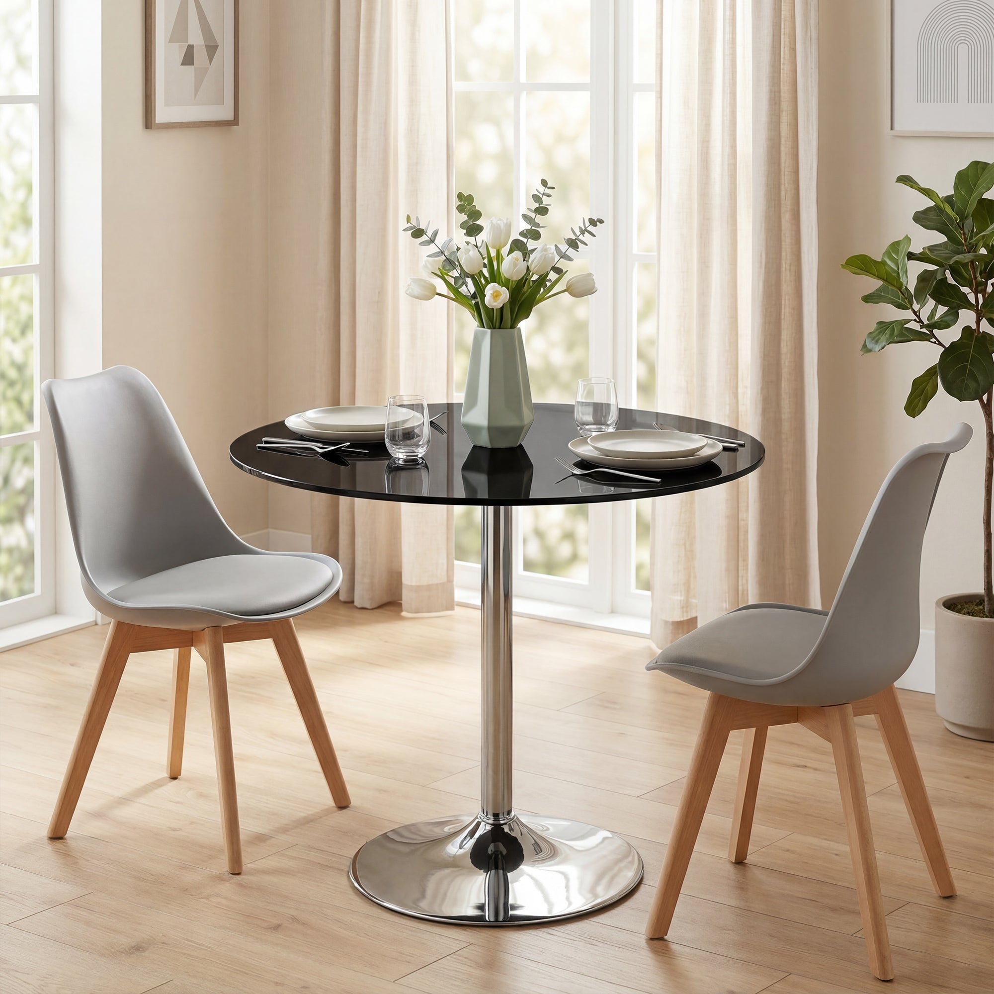 Round Bar Table, Modern Dining Table with Tempered Glass Top and Steel Frame for 4, Easy Assembly for Breakfast Bar, Dining Room, 80 x 80 x 77cm, Black