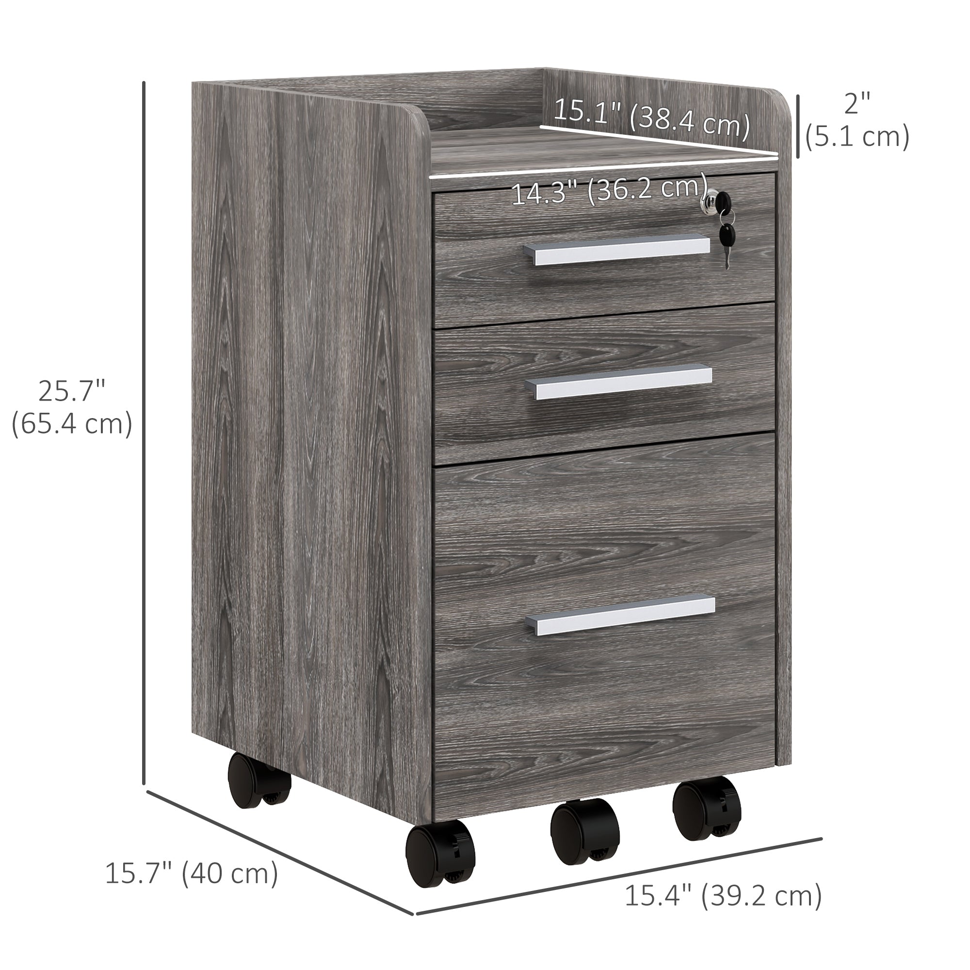 HOMCOM 3 Drawer File Cabinet with Lock and Edged Top, Lockable Filing Cabinet on Wheels with Hanging Bars for Letter and A4 Size, Grey