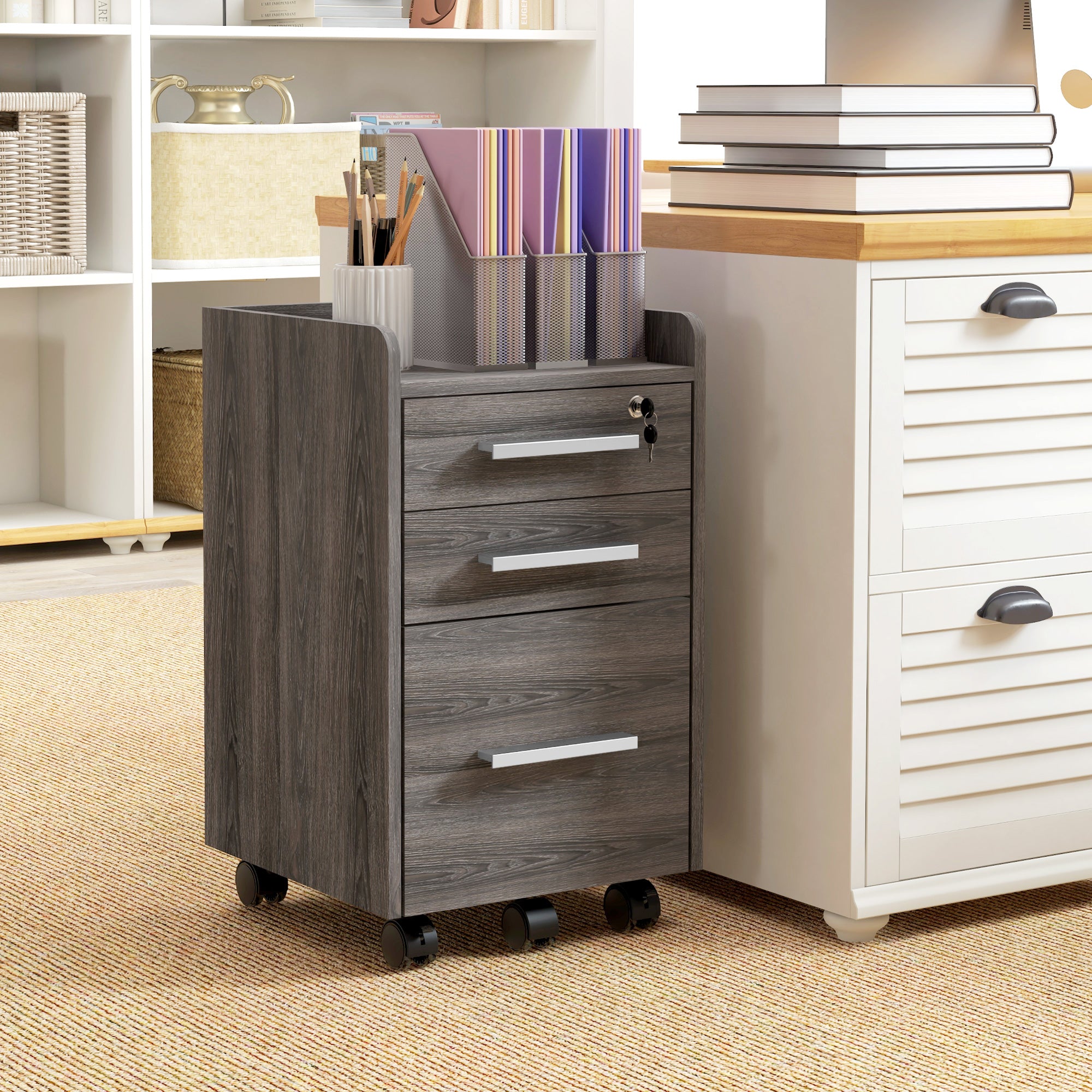 HOMCOM 3 Drawer File Cabinet with Lock and Edged Top, Lockable Filing Cabinet on Wheels with Hanging Bars for Letter and A4 Size, Grey