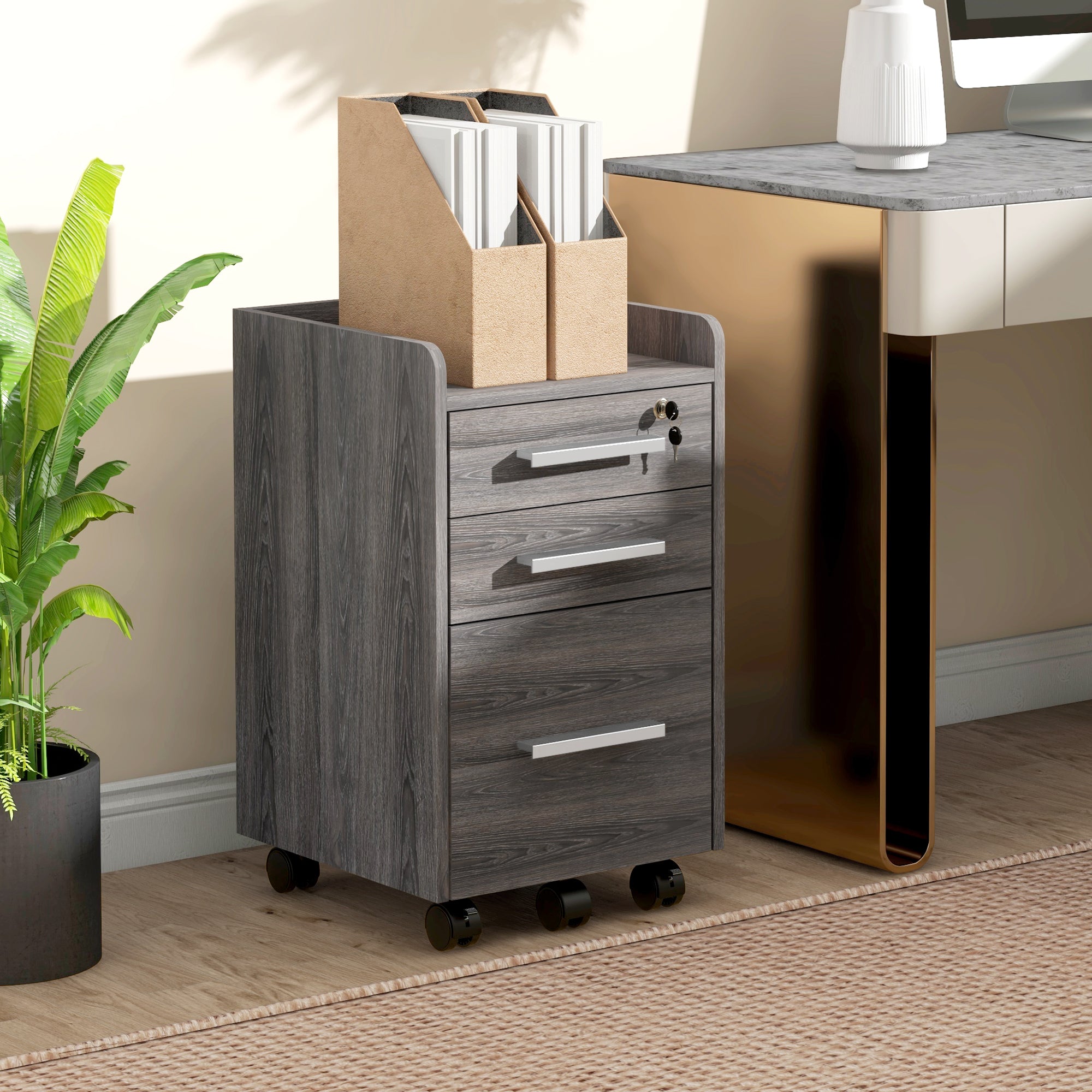 HOMCOM 3 Drawer File Cabinet with Lock and Edged Top, Lockable Filing Cabinet on Wheels with Hanging Bars for Letter and A4 Size, Grey