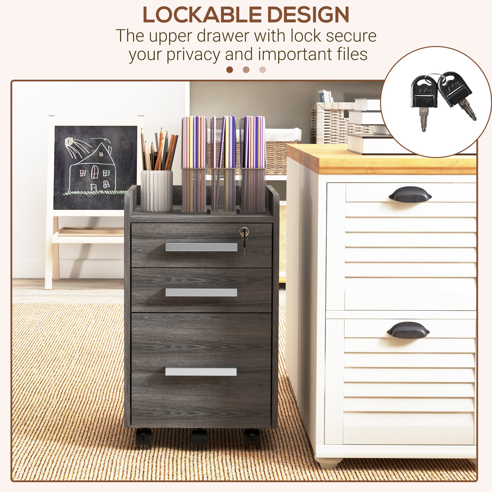 HOMCOM 3 Drawer File Cabinet with Lock and Edged Top, Lockable Filing Cabinet on Wheels with Hanging Bars for Letter and A4 Size, Grey
