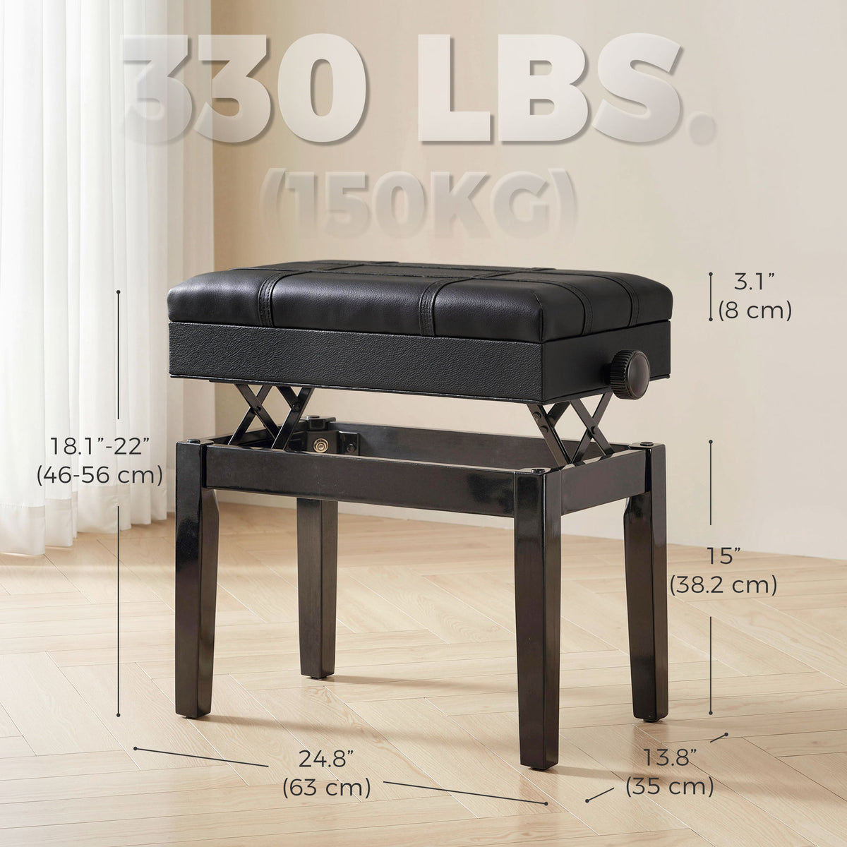 24.8" Adjustable Piano Bench with Padded Cushion and Storage, Faux Leather Keyboard Bench with Solid Wood Legs, Black
