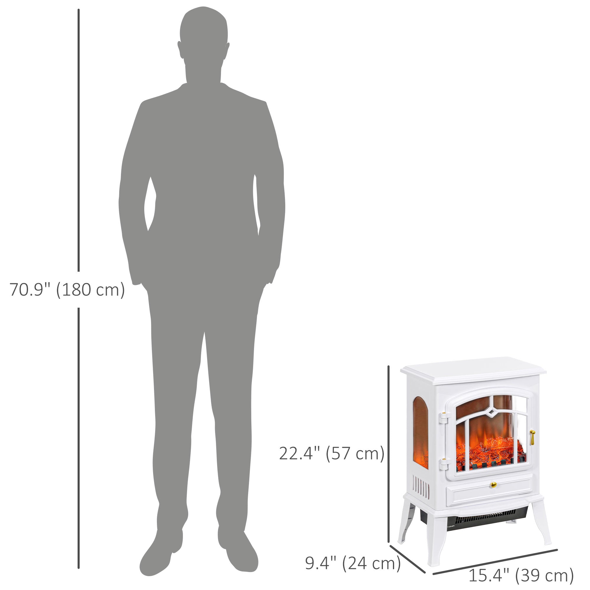 22" Electric Fireplace Stove, 1500W Freestanding Fireplace Heater with Adjustable Temperature, Overheat Protection, Adjustable Brightness, White