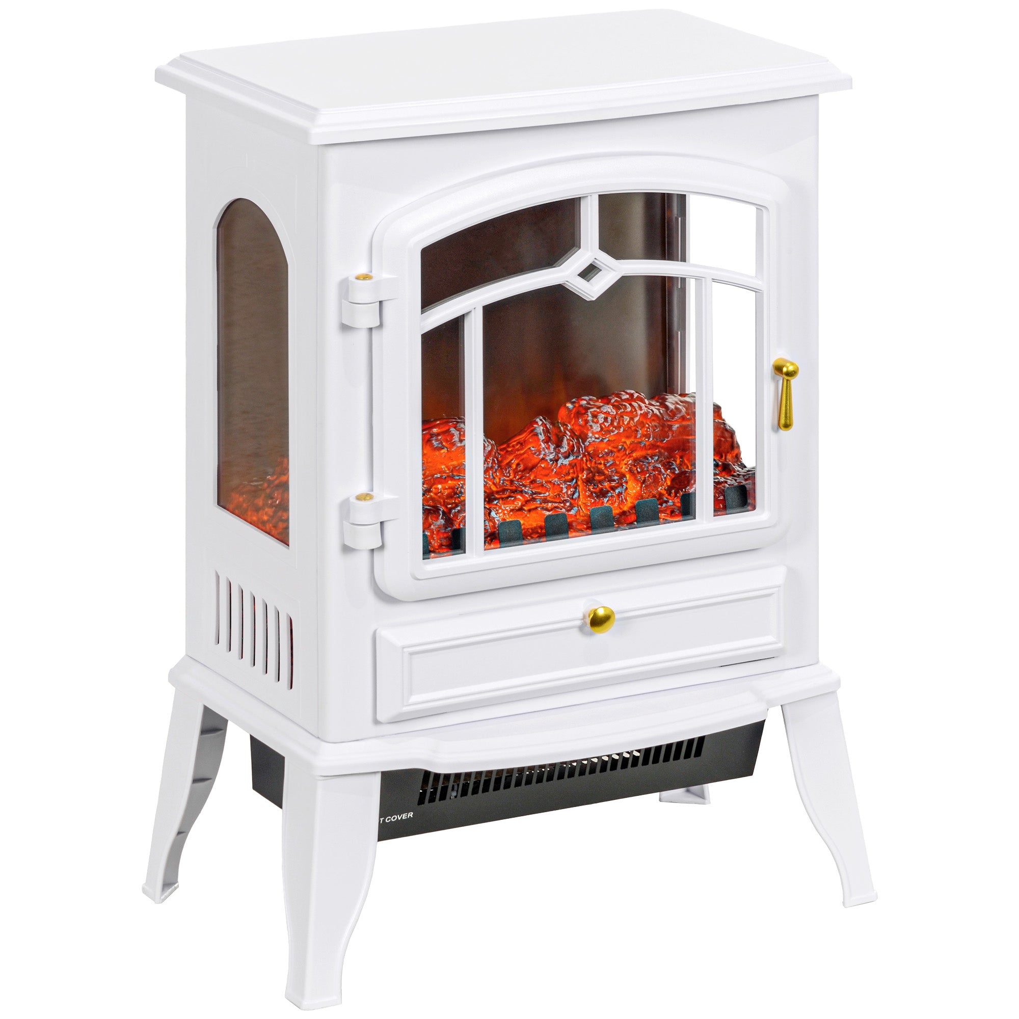 22" Electric Fireplace Stove, 1500W Freestanding Fireplace Heater with Adjustable Temperature, Overheat Protection, Adjustable Brightness, White