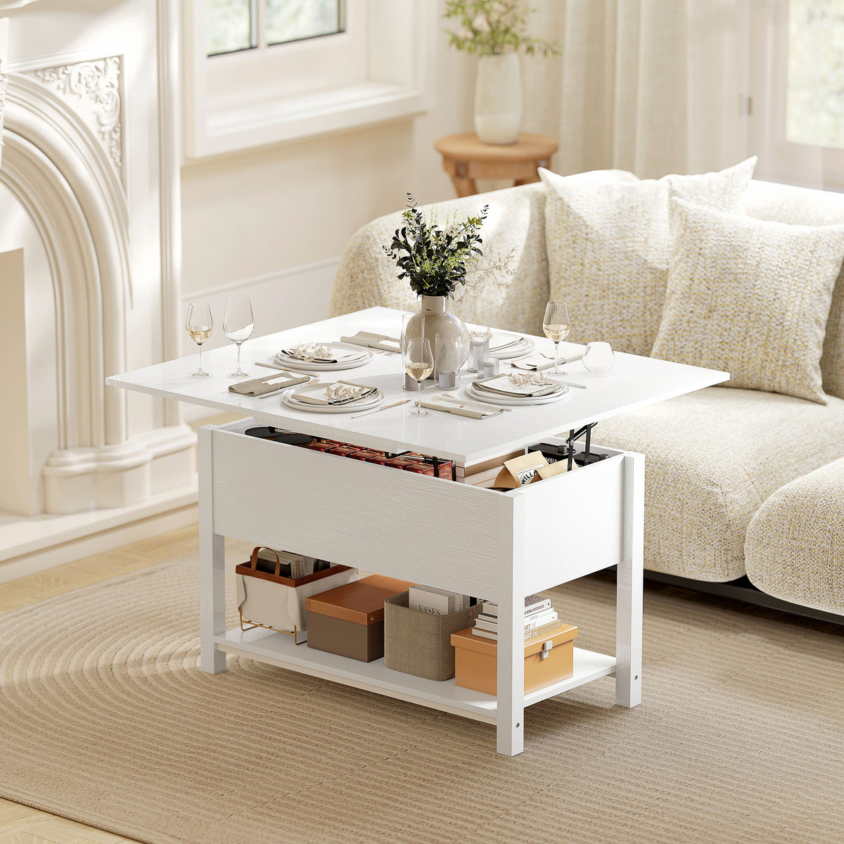 Lift Top Coffee Table with Storage and Hidden Compartment, 39.4" Modern Convertible Center Table with Open Shelf for Living Room, Home Office, White