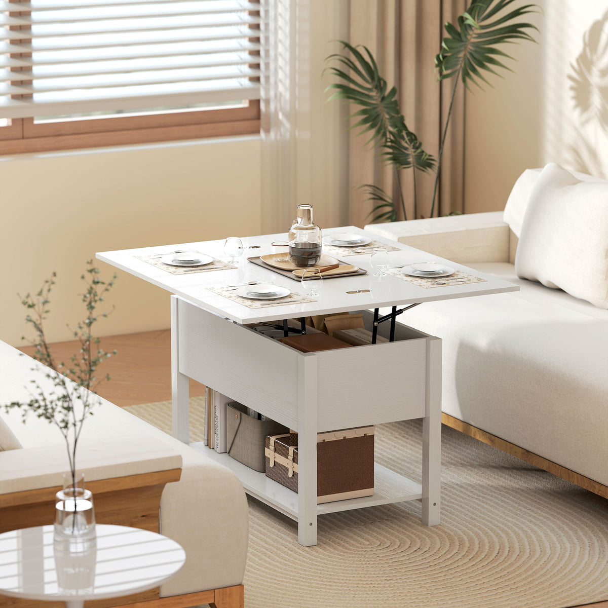 Lift Top Coffee Table with Storage and Hidden Compartment, 39.4" Modern Convertible Center Table with Open Shelf for Living Room, Home Office, White