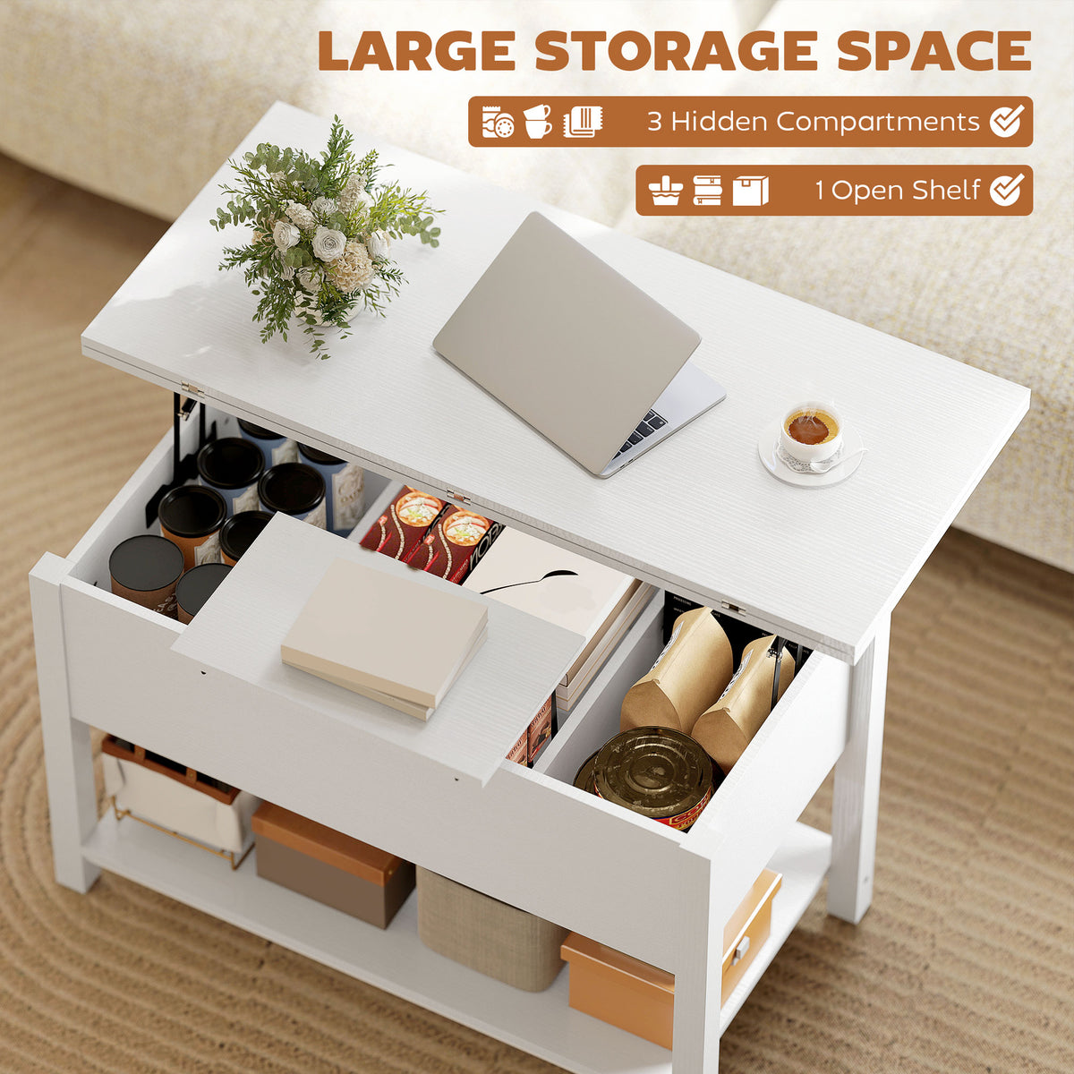 Lift Top Coffee Table with Storage and Hidden Compartment, 39.4" Modern Convertible Center Table with Open Shelf for Living Room, Home Office, White