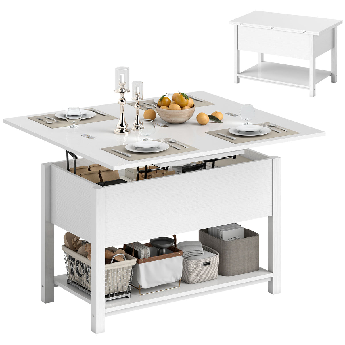 Lift Top Coffee Table with Storage and Hidden Compartment, 39.4" Modern Convertible Center Table with Open Shelf for Living Room, Home Office, White