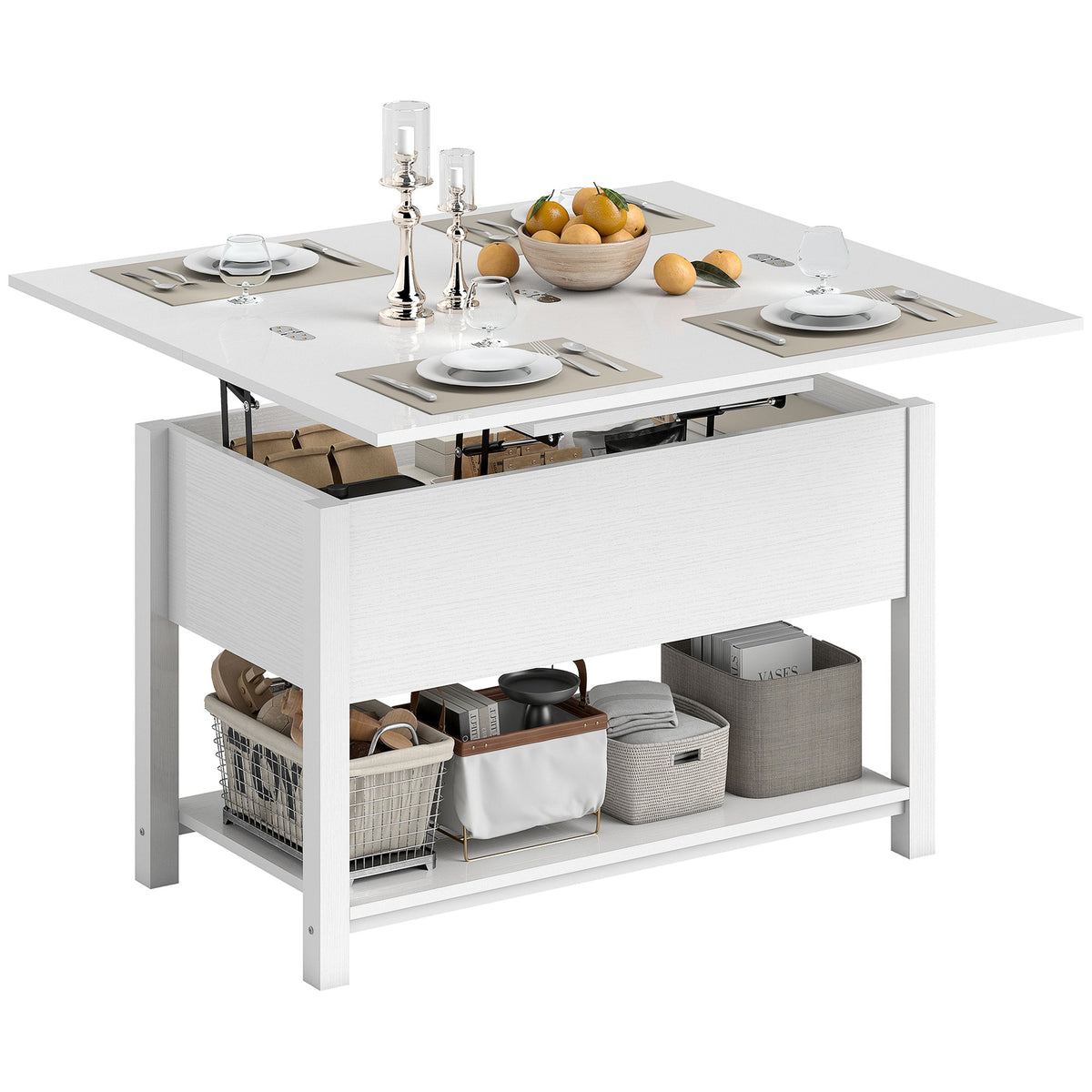 Lift Top Coffee Table with Storage and Hidden Compartment, 39.4" Modern Convertible Center Table with Open Shelf for Living Room, Home Office, White