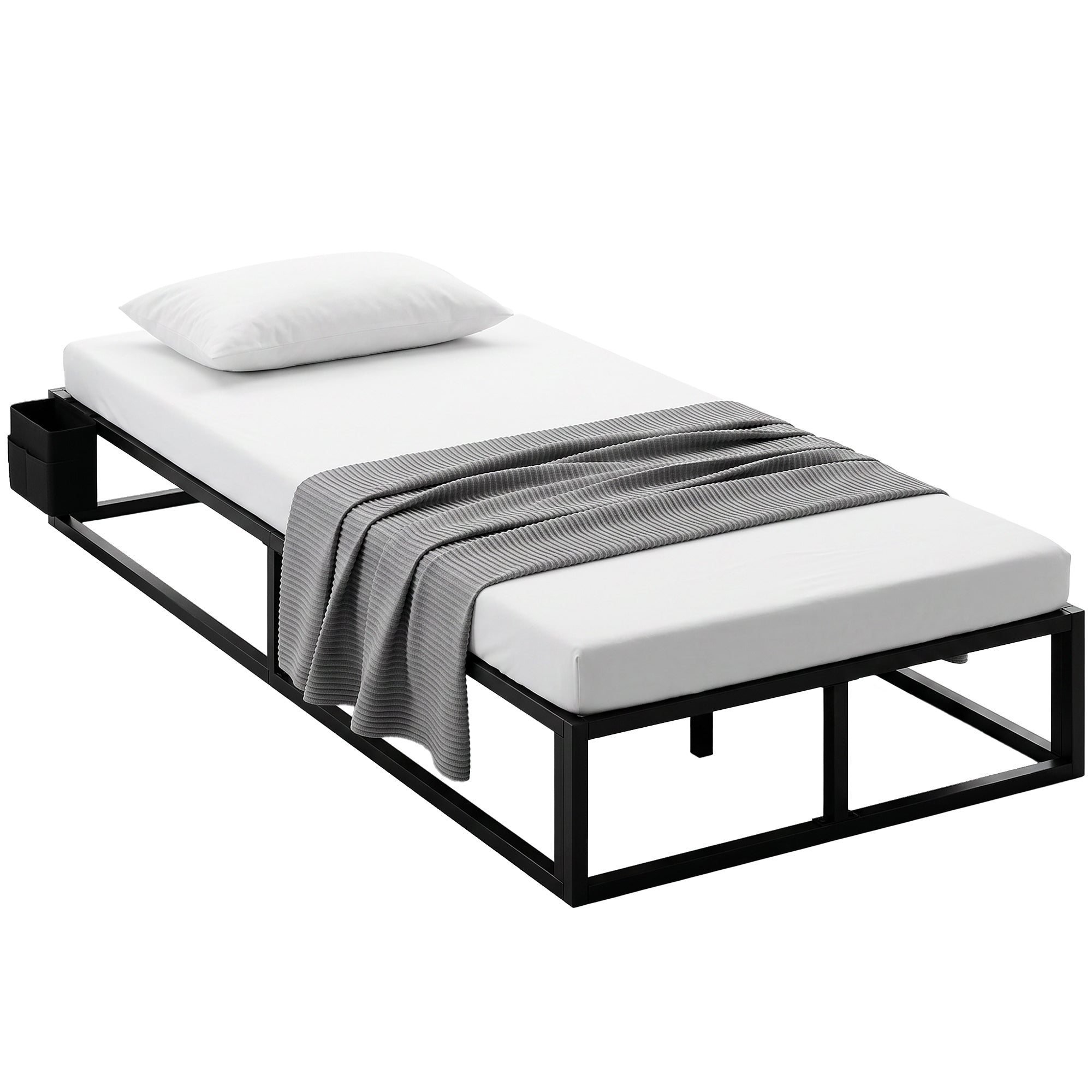 3ft Single Bed Frame with Storage Bag, 12 Slats Metal Platform Bed Frame, Mattress Foundation, Noise-Reducing centre Bar and Anti-Slip Pads, Wood Slat Support, Strong Support, Black