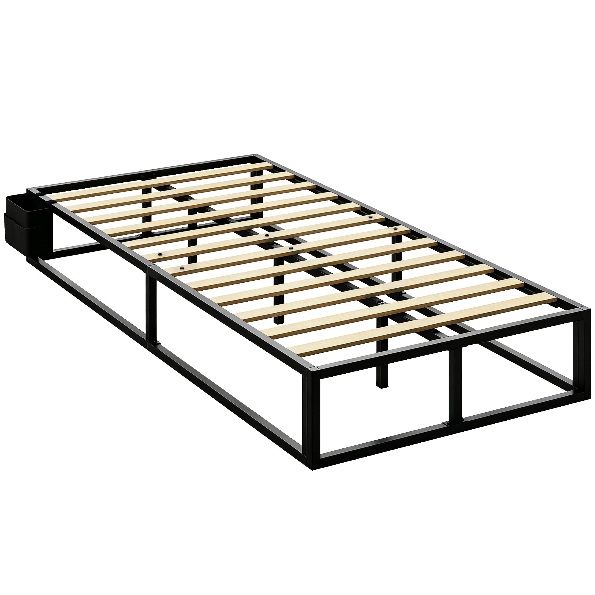 3ft Single Bed Frame with Storage Bag, 12 Slats Metal Platform Bed Frame, Mattress Foundation, Noise-Reducing centre Bar and Anti-Slip Pads, Wood Slat Support, Strong Support, Black