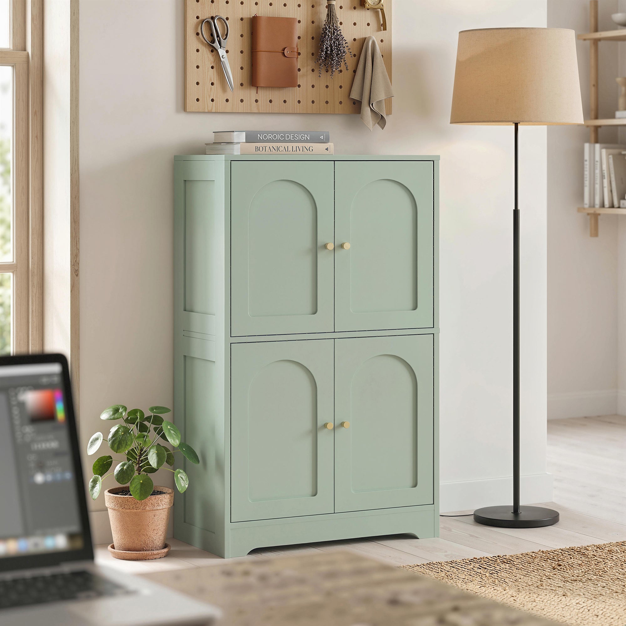 110cm Kitchen Cupboard, Freestanding Kitchen Storage Cabinet with 4 Arched Doors and 2 Adjustable Shelves, Modern Pantry Cupboard for Dining Room, Green