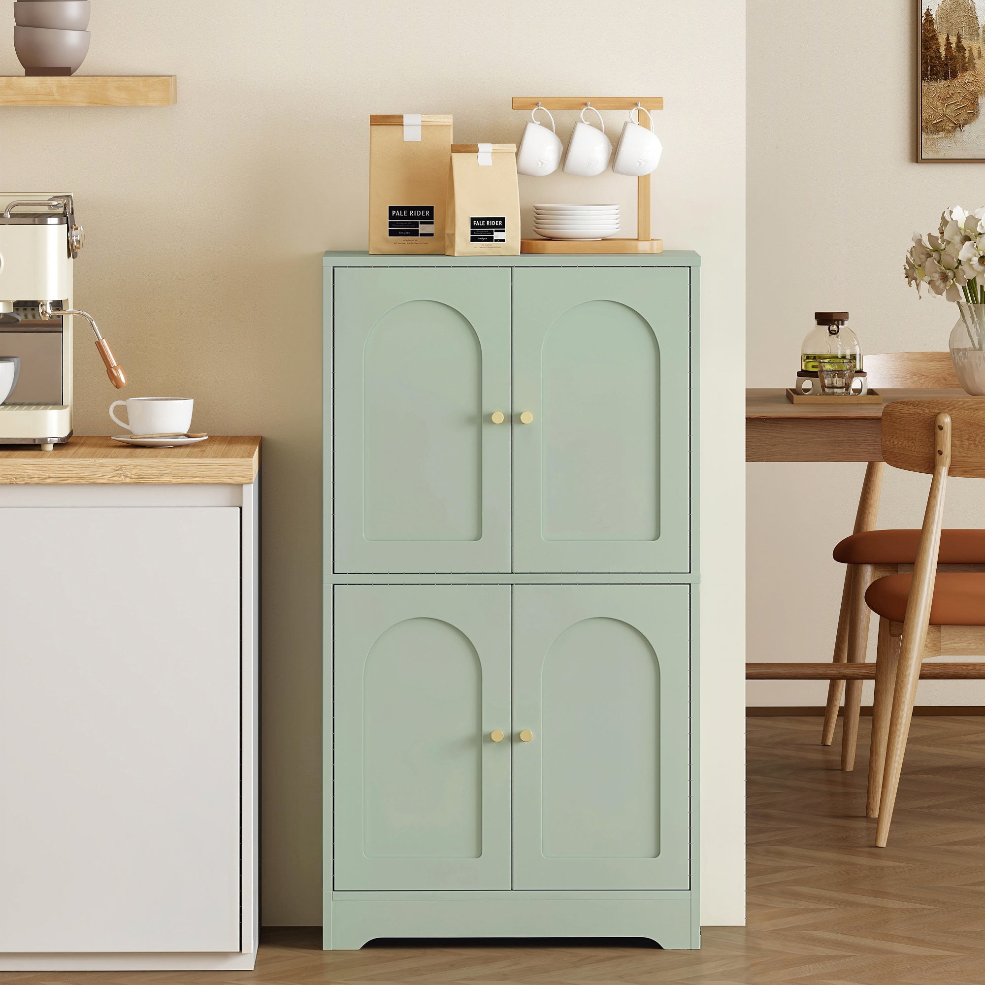 110cm Kitchen Cupboard, Freestanding Kitchen Storage Cabinet with 4 Arched Doors and 2 Adjustable Shelves, Modern Pantry Cupboard for Dining Room, Green