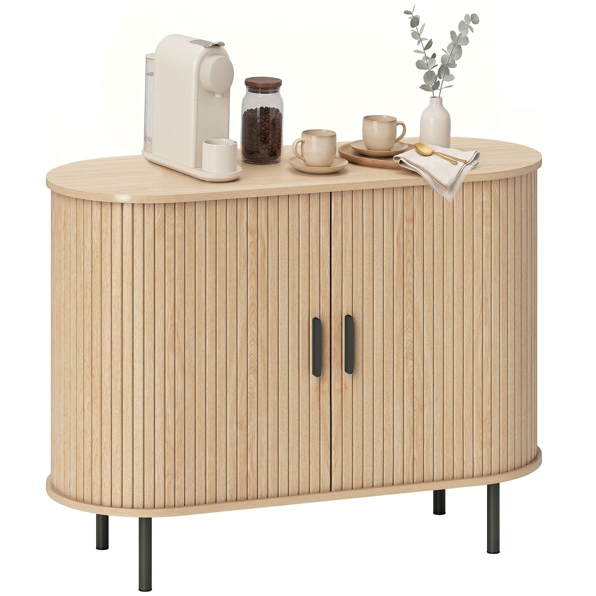 Sideboard Buffet Cabinet with Curved Tambour Doors, 39.4" Farmhouse Coffee Bar Cabinet with Shelves and Side Slots, Natural Wood