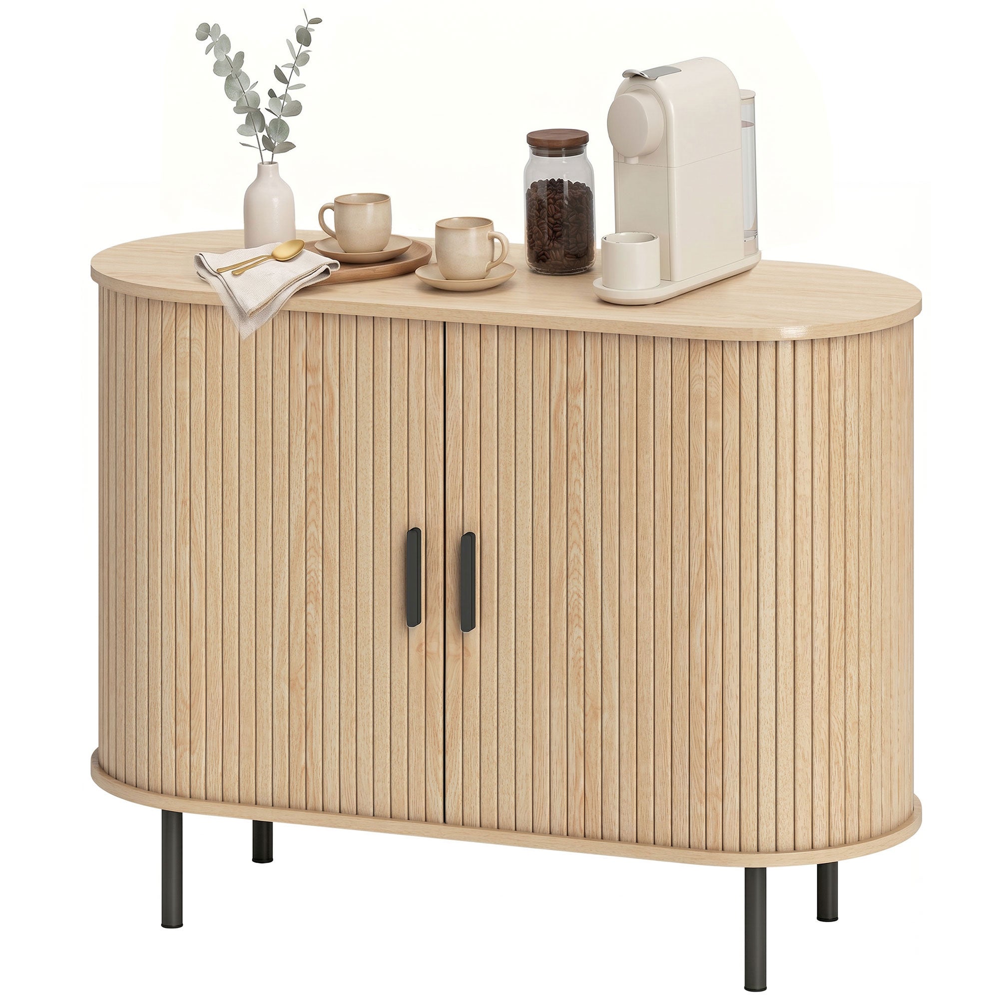 Sideboard Buffet Cabinet with Curved Tambour Doors, 39.4" Farmhouse Coffee Bar Cabinet with Shelves and Side Slots, Natural Wood