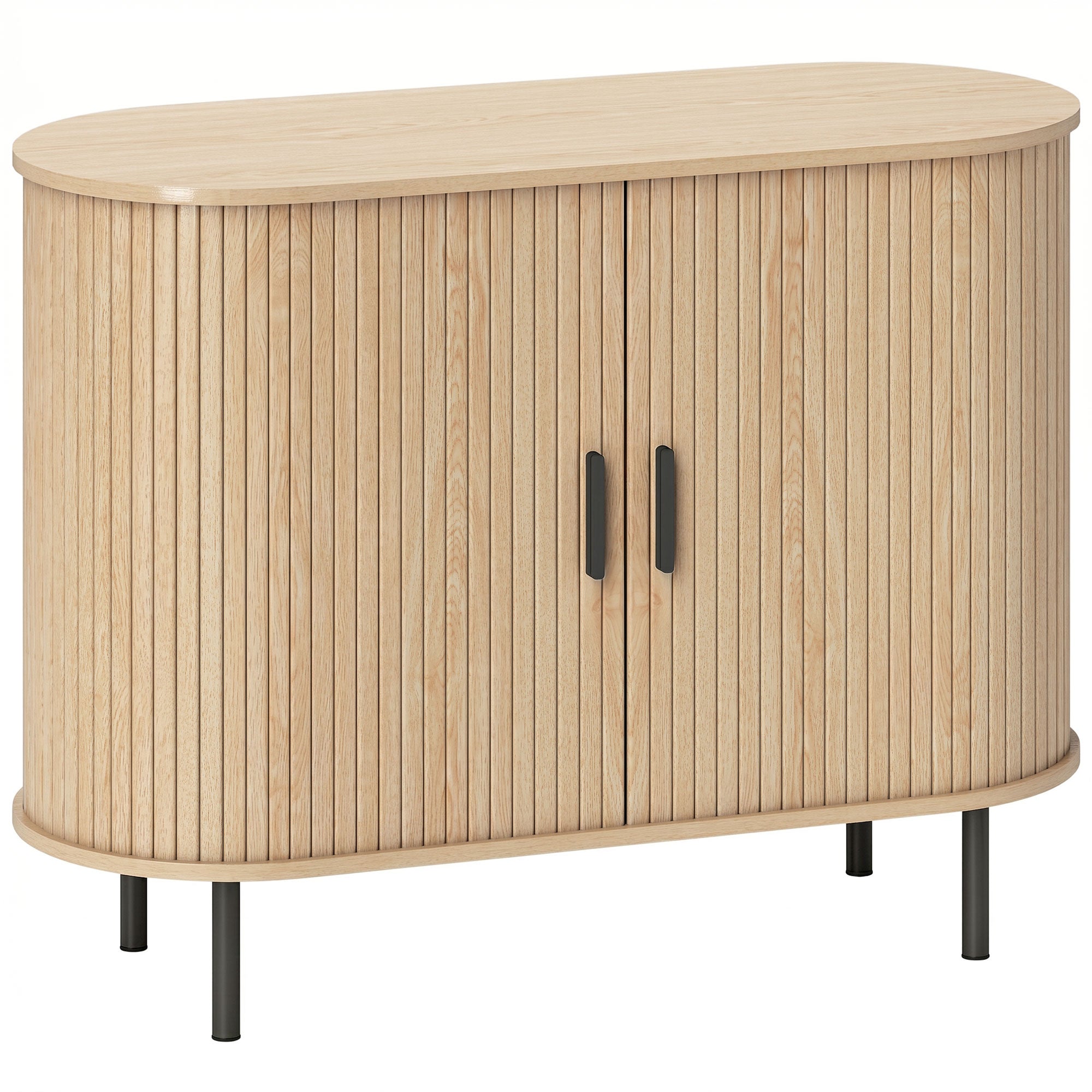 Sideboard Buffet Cabinet with Curved Tambour Doors, 39.4" Farmhouse Coffee Bar Cabinet with Shelves and Side Slots, Natural Wood