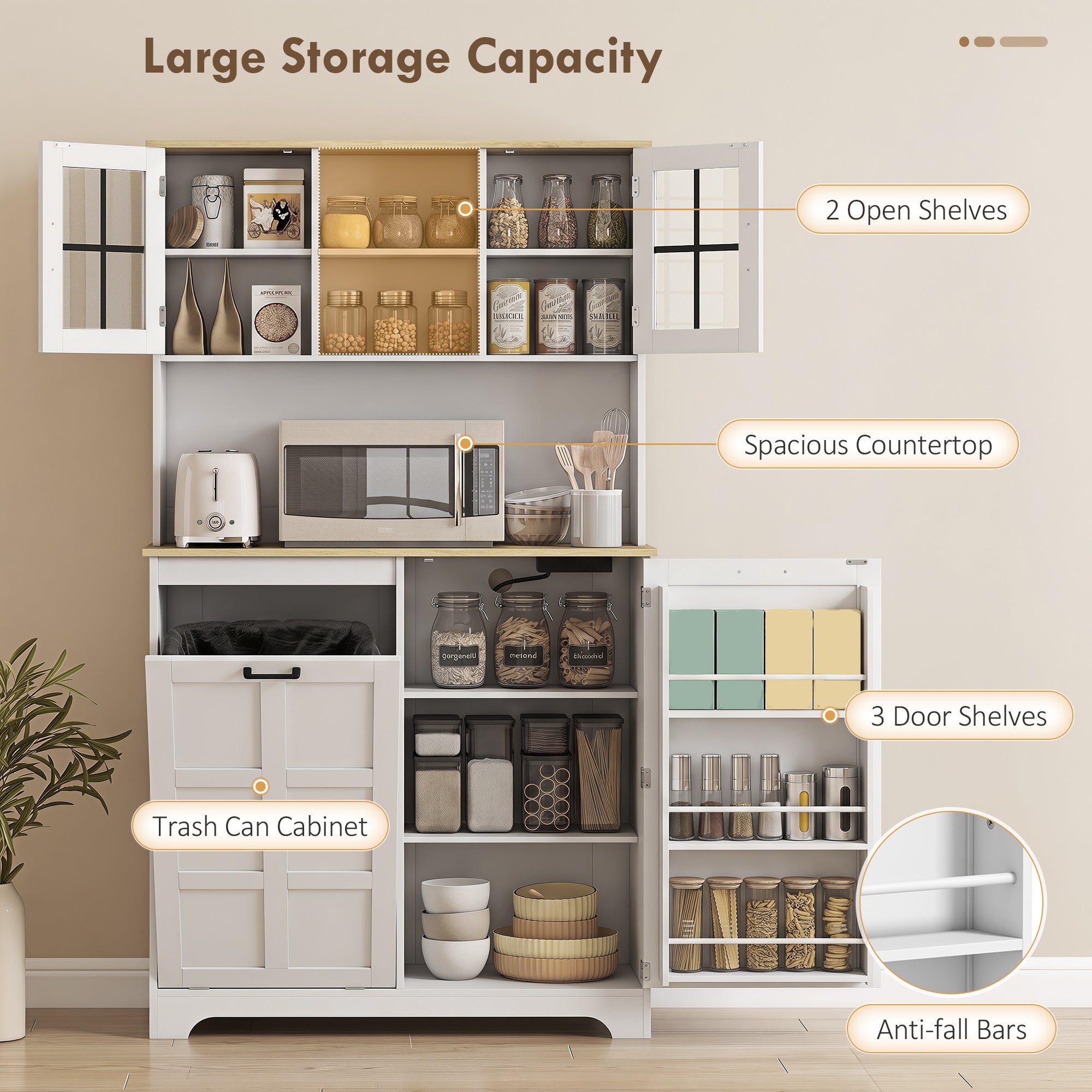 Kitchen Cupboard with Charging Station and 26.5 L Rubbish Bin Cabinet, 175cm Tall Kitchen Cabinet with 3 Door Shelves and 2 Acrylic Doors, Sideboard Storage Cabinet for Dining Room, White