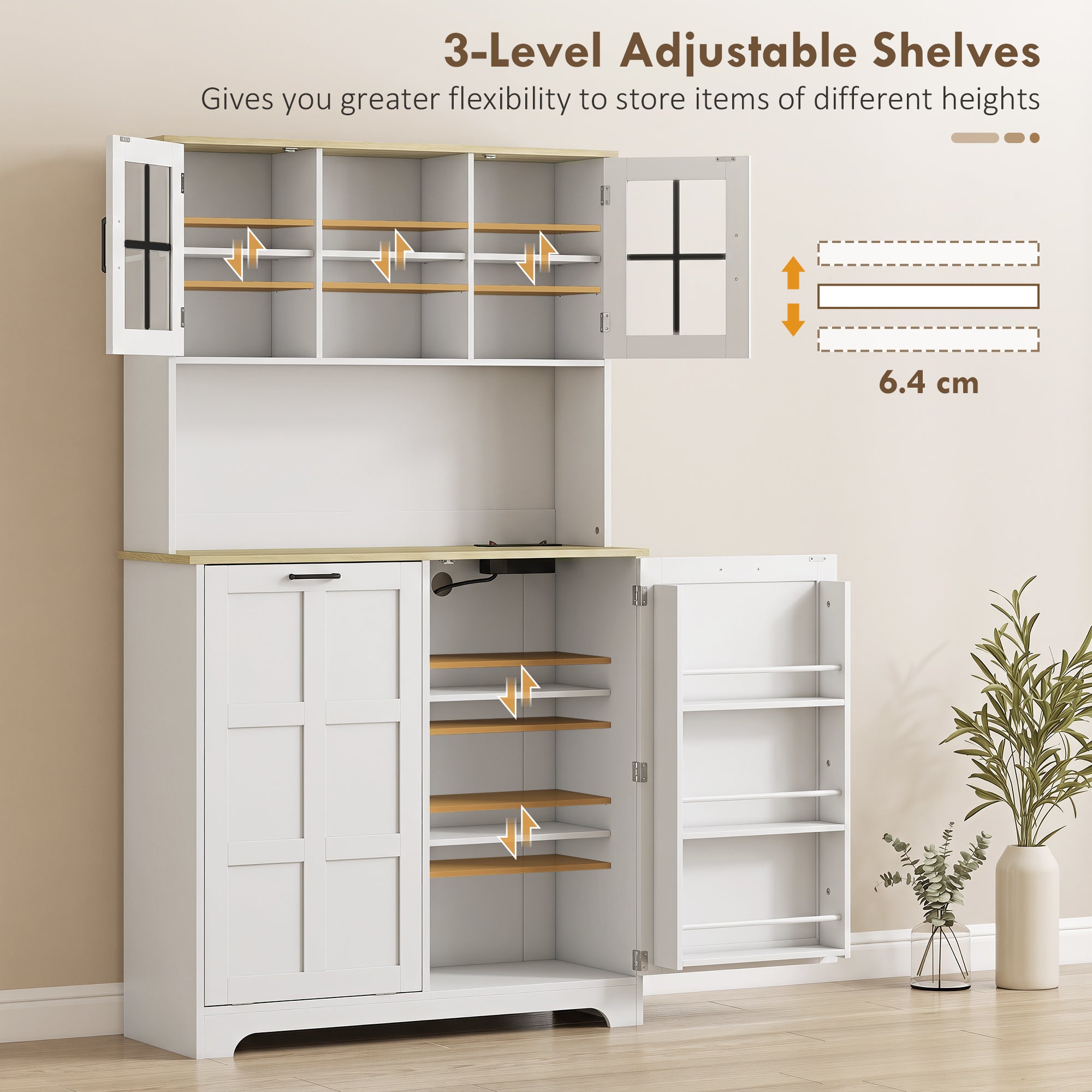 Kitchen Cupboard with Charging Station and 26.5 L Rubbish Bin Cabinet, 175cm Tall Kitchen Cabinet with 3 Door Shelves and 2 Acrylic Doors, Sideboard Storage Cabinet for Dining Room, White