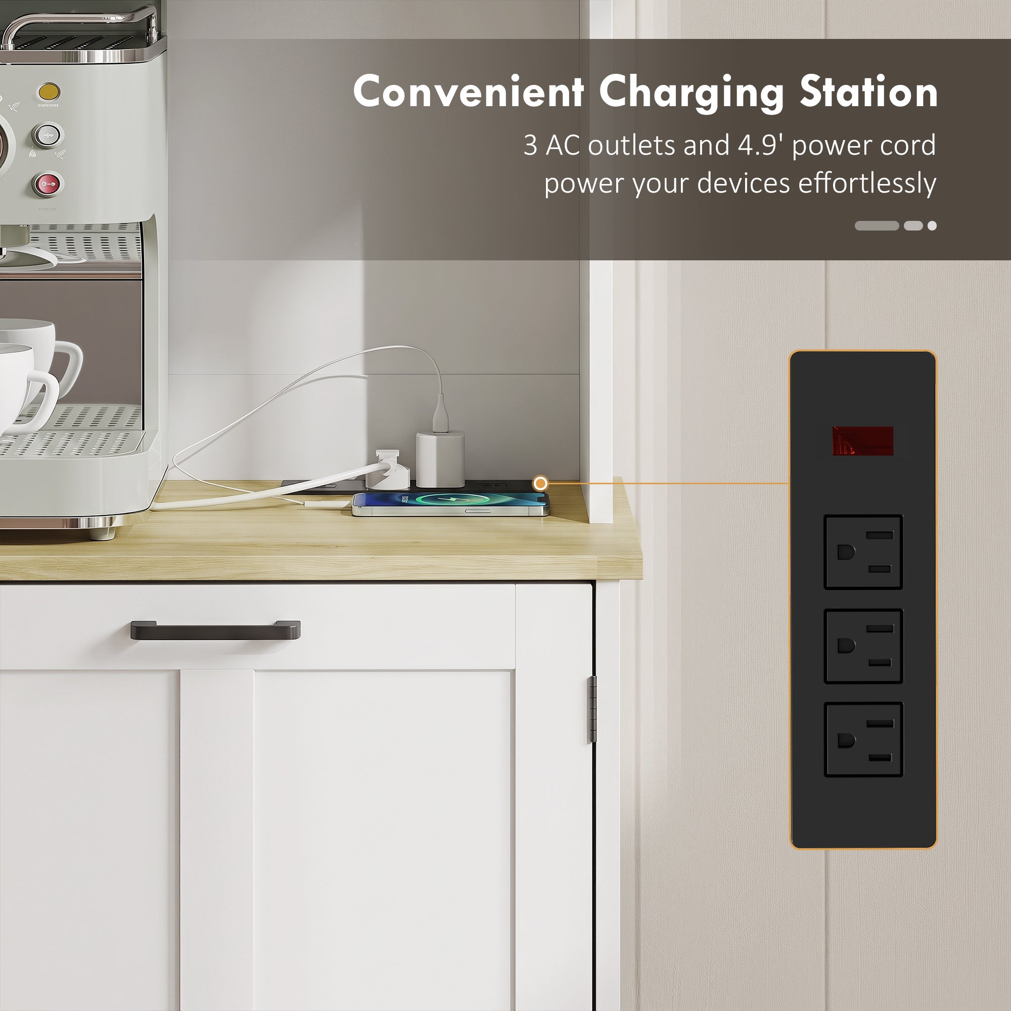 Kitchen Cupboard with Charging Station and 26.5 L Rubbish Bin Cabinet, 175cm Tall Kitchen Cabinet with 3 Door Shelves and 2 Acrylic Doors, Sideboard Storage Cabinet for Dining Room, White