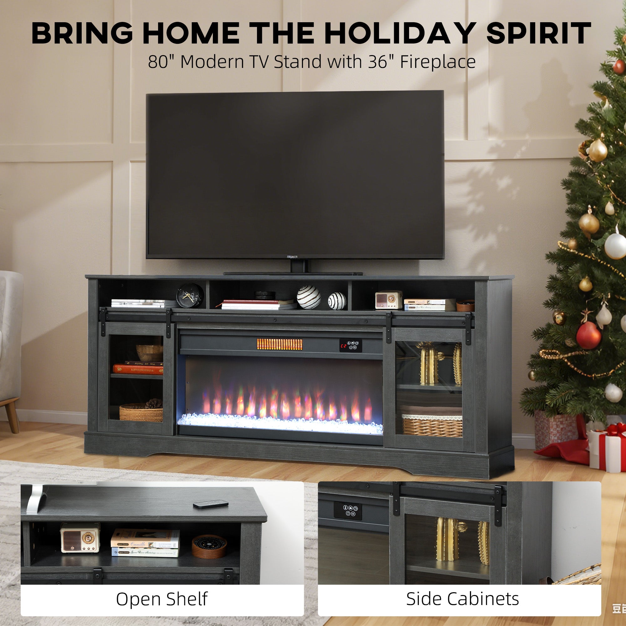 Fireplace TV Stand for TVs Up to 80 Inches, Modern Entertainment Center with 36" Glass Electric Fireplace & LED Lights, TV Console with Open Storage and Side Cabinets for Living Room, Gray