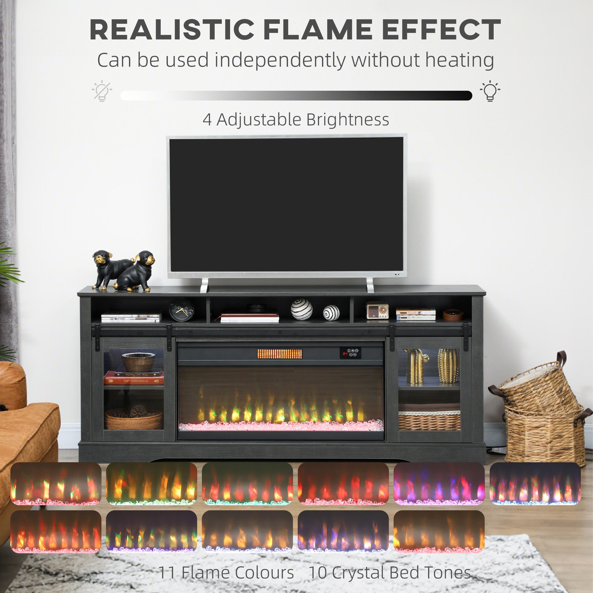 Fireplace TV Stand for TVs Up to 80 Inches, Modern Entertainment Center with 36" Glass Electric Fireplace & LED Lights, TV Console with Open Storage and Side Cabinets for Living Room, Gray