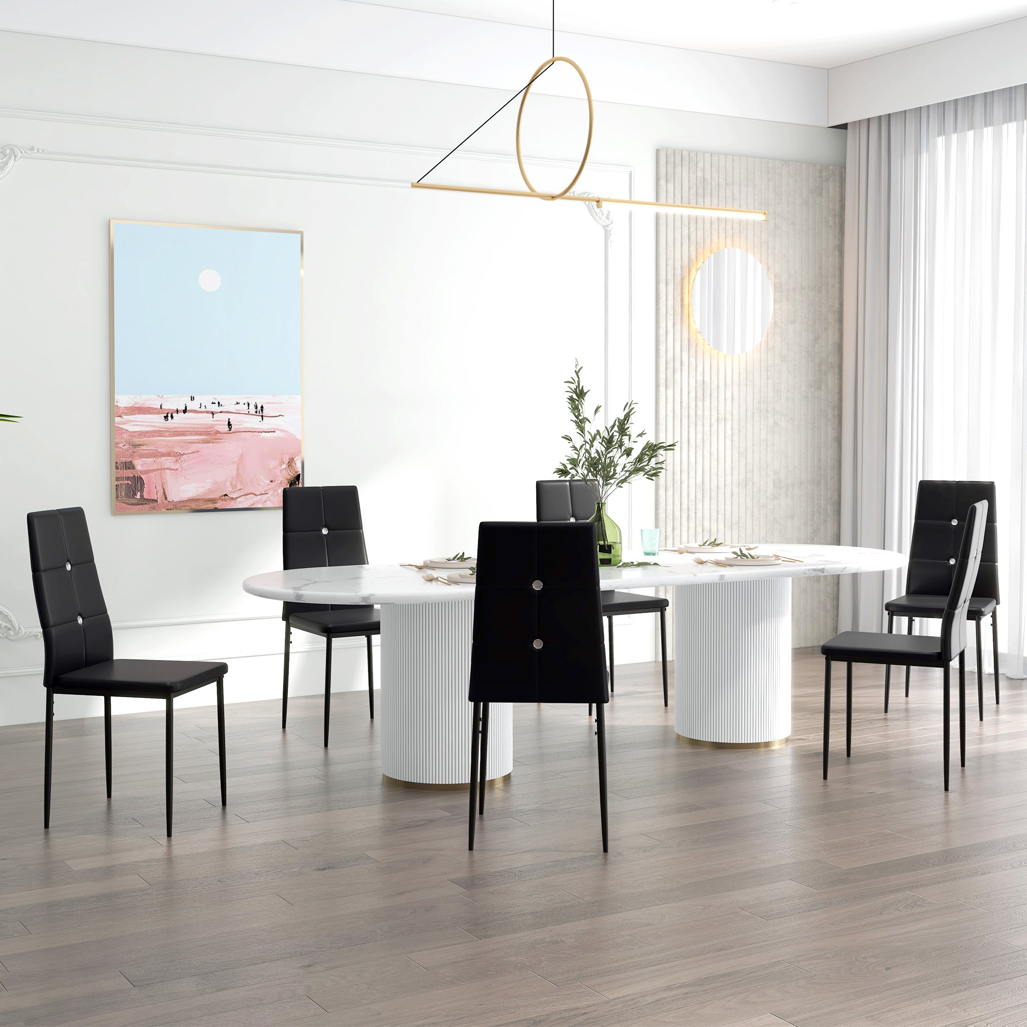 HOMCOM Modern Dining Chairs Set of 6, Upholstered Faux Leather Kitchen Chairs with Crystal Tufting and Metal Legs for Living Room, Dining Room, Bedroom, Black