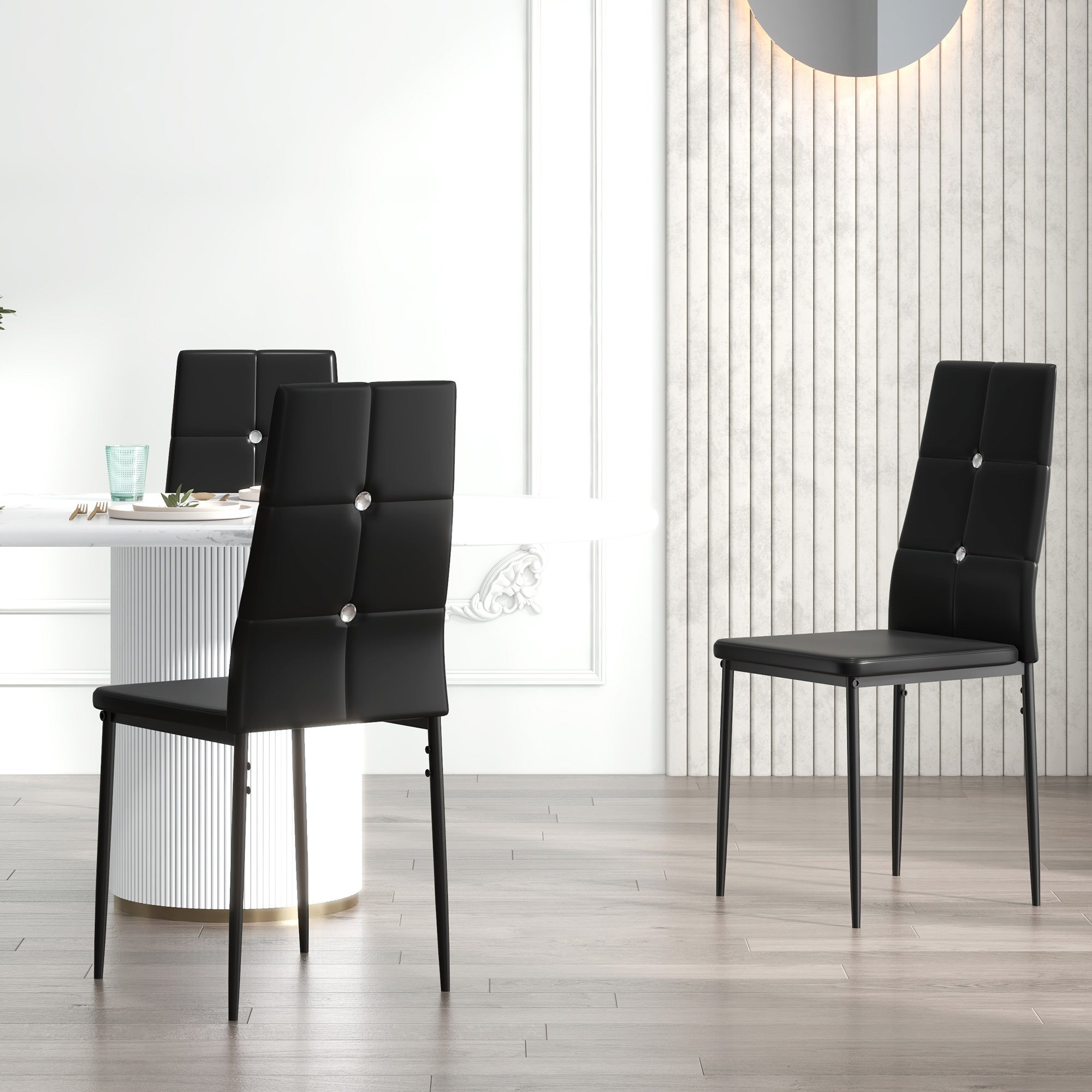 HOMCOM Modern Dining Chairs Set of 6, Upholstered Faux Leather Kitchen Chairs with Crystal Tufting and Metal Legs for Living Room, Dining Room, Bedroom, Black