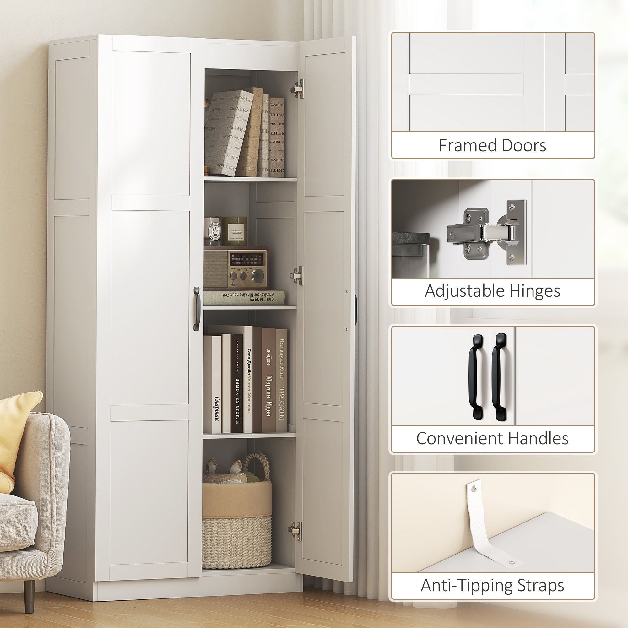71" Tall Kitchen Pantry Cabinet with Soft-Close Hinges, Modern Farmhouse Freestanding Pantry Storage Cabinet with 2 Framed Doors, 4 Adjustable Shelves, White