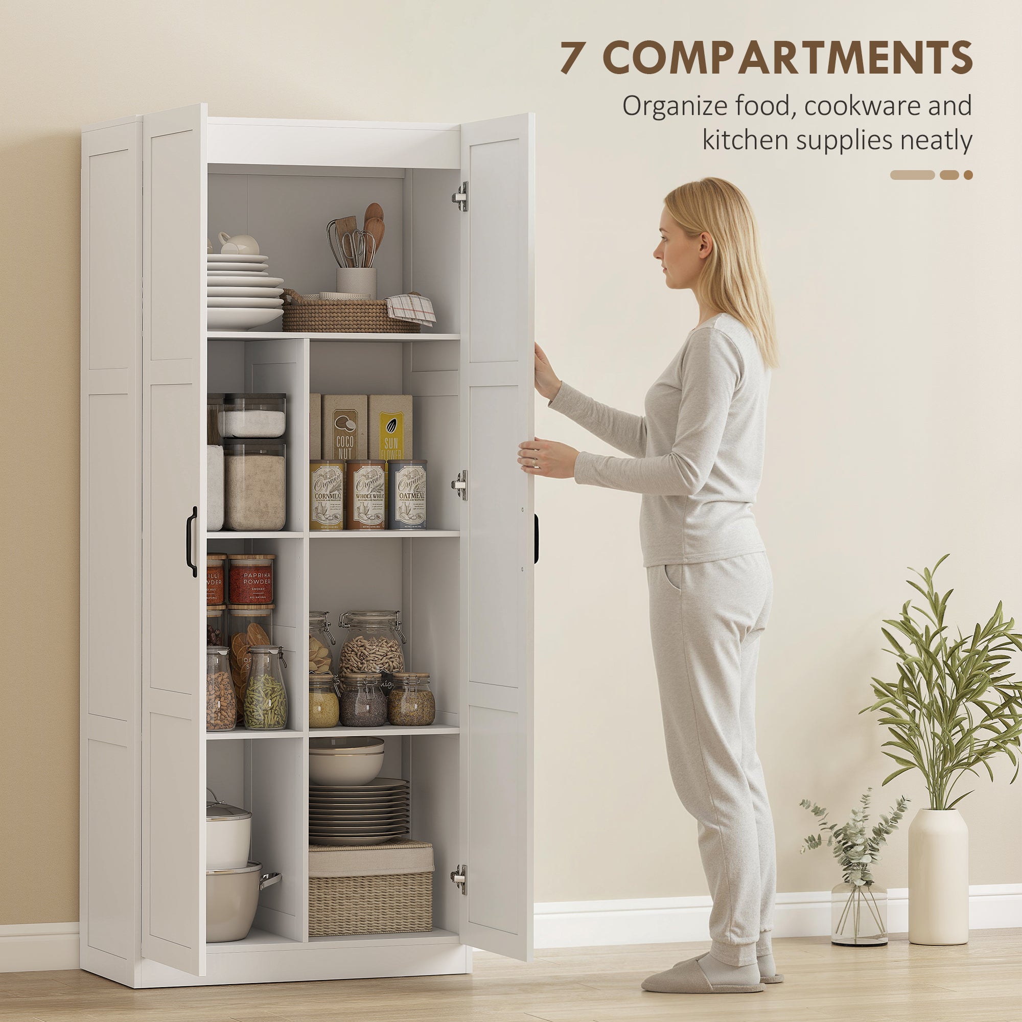 71" Tall Kitchen Pantry Cabinet with Soft-Close Hinges, Modern Farmhouse Freestanding Pantry Storage Cabinet with 2 Framed Doors, 4 Adjustable Shelves, White