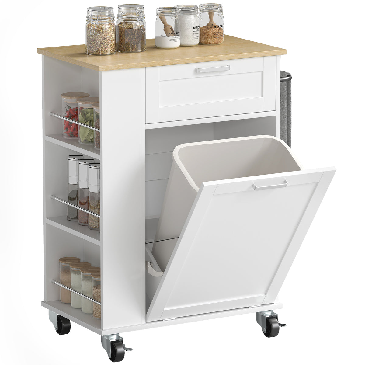 Kitchen Storage Trolley on Wheels, Rolling Kitchen Island with Drawer, Tilt-Out Rubbish Cabinet, 3-Tier Side Racks and Towel Rail for Dining Room, White