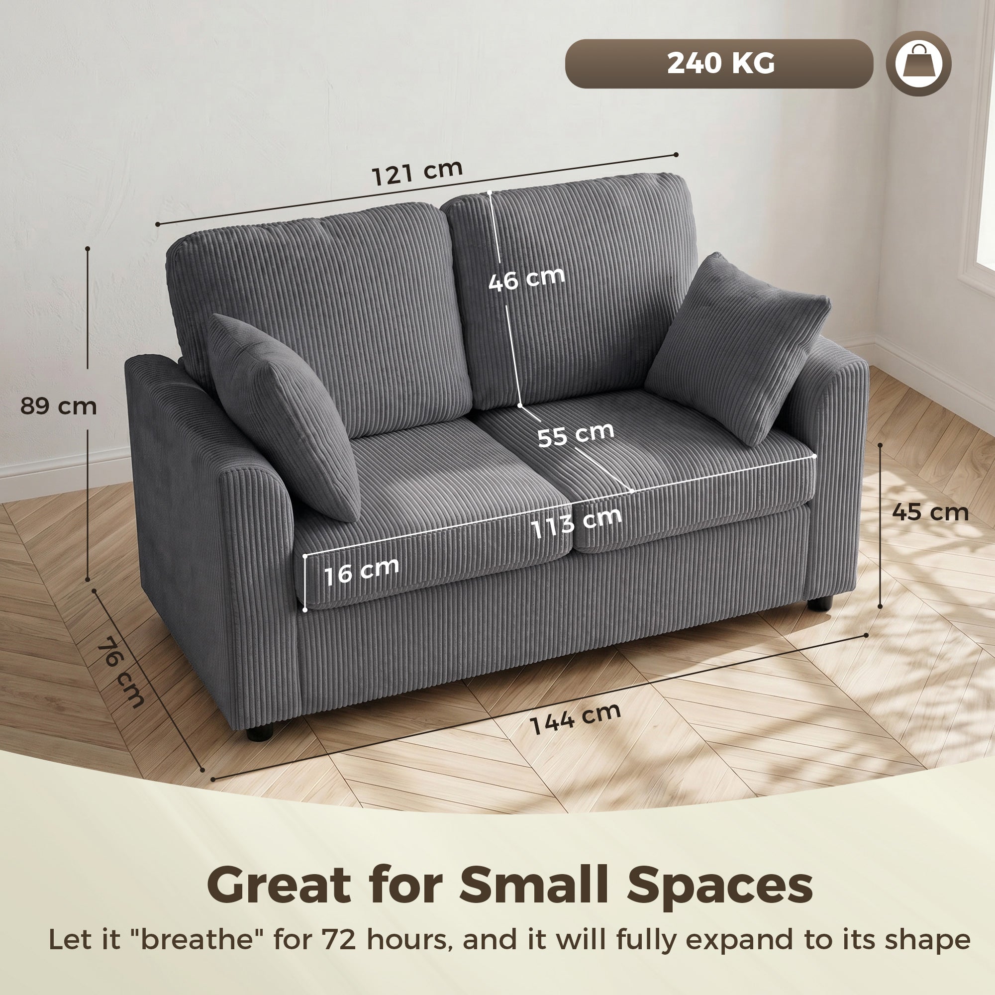 2 Seater Sofa, 144cm Corduroy Small Couch with Spring Cushion, Wide and Deep Seat, Plush Backrest, 2 Pillows, Loveseat Sofa Settee for Small Space, Living Room, Bedroom, Home Office, Dark Grey