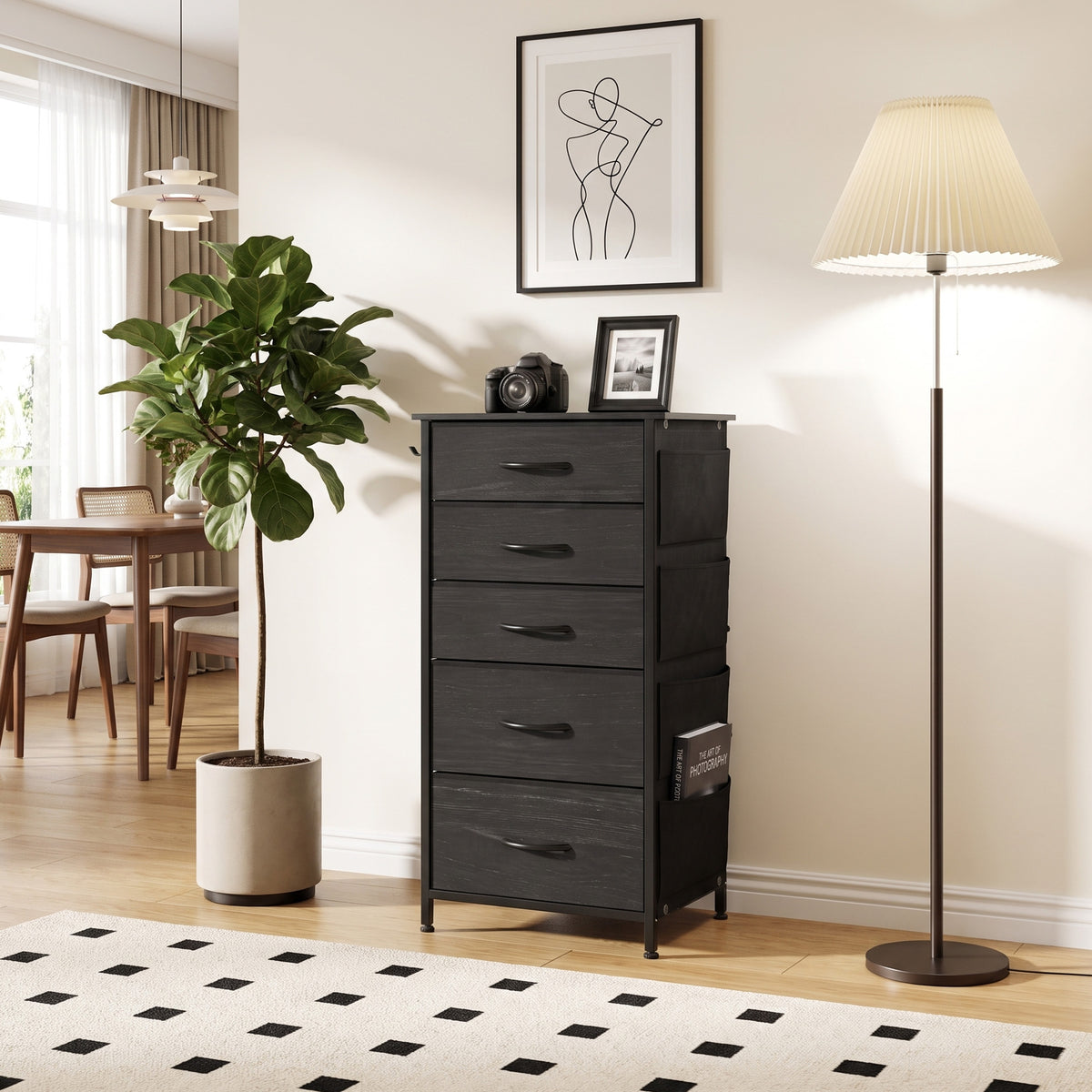Chest of Drawers, Dresser for Bedroom with 5 Fabric Drawers, Tall Storage Unit with 4 Pockets, 2 Hooks and Steel Frame for Living Room, Hallway, Black
