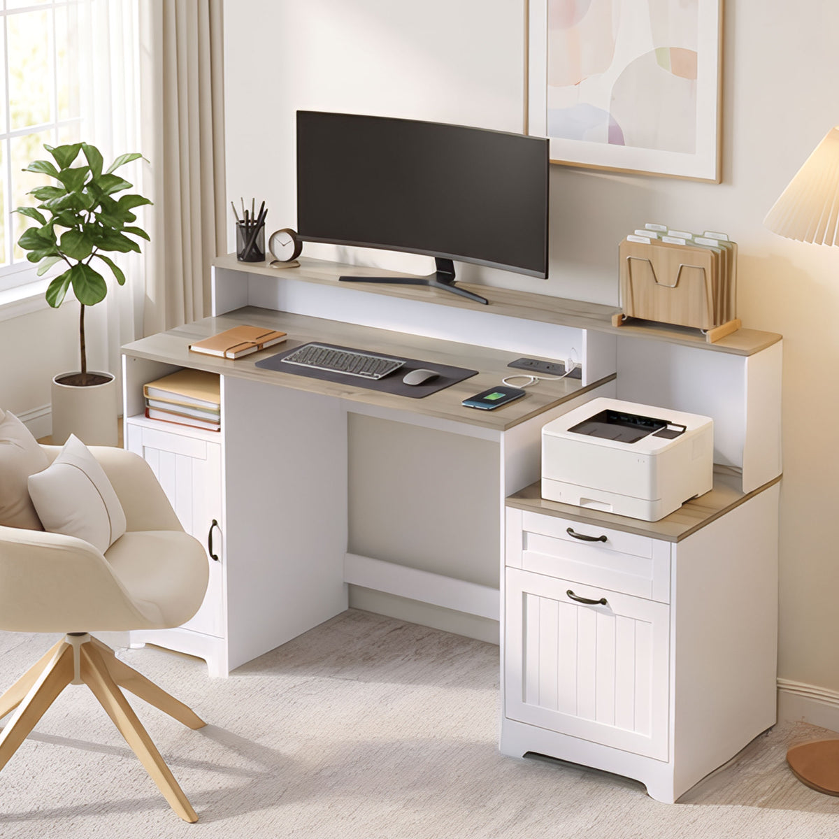 Farmhouse Computer Desk with Drawers, 65" Home Office Desk with Power Outlets, Storage Cabinet, Printer Stand, Monitor Stand, Adjustable Hanging Bar, Grey Brown and White
