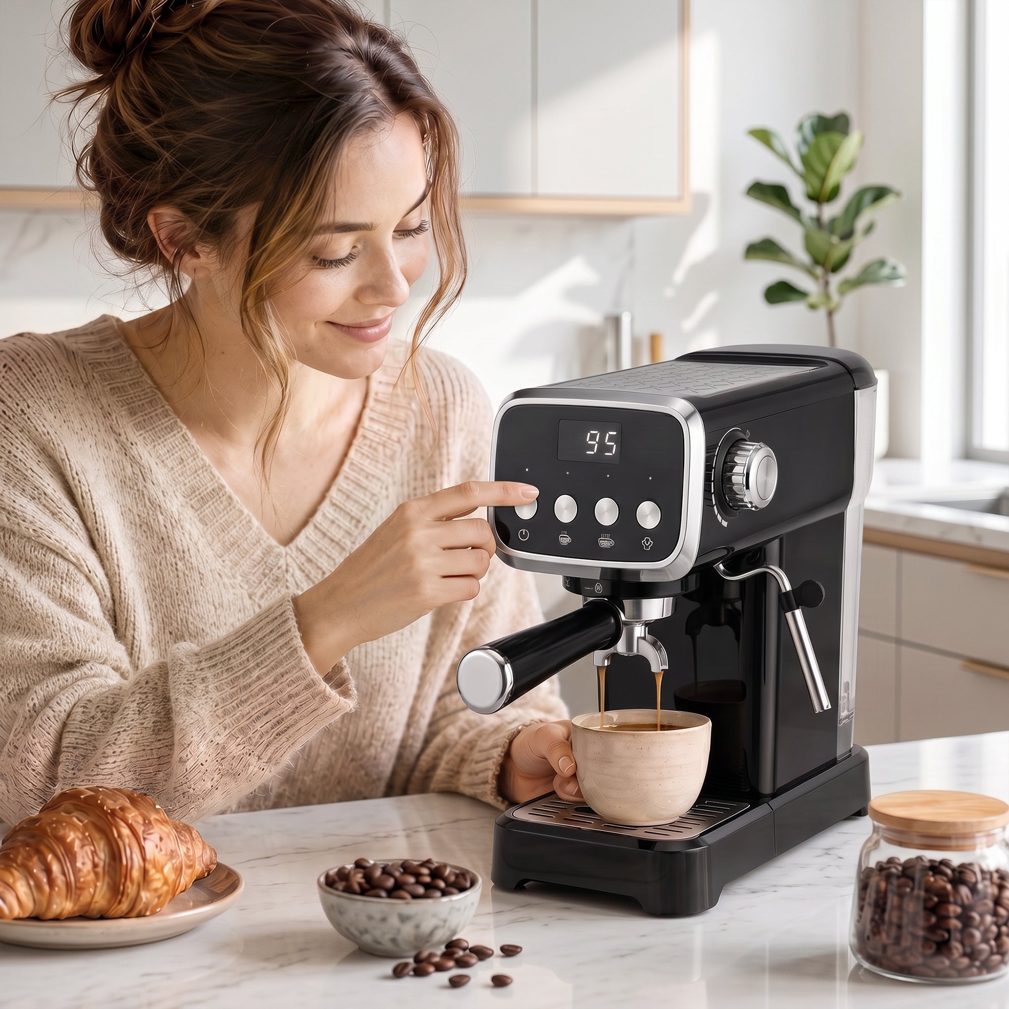 Espresso Machine with Milk Frother Wand, 1350W Semi Automatic 20 Bar Coffee Machine with 1.2L Water Tank, Latte and Cappuccino Maker with Single/Double Shot, Hot Water, Cup Warming, Black