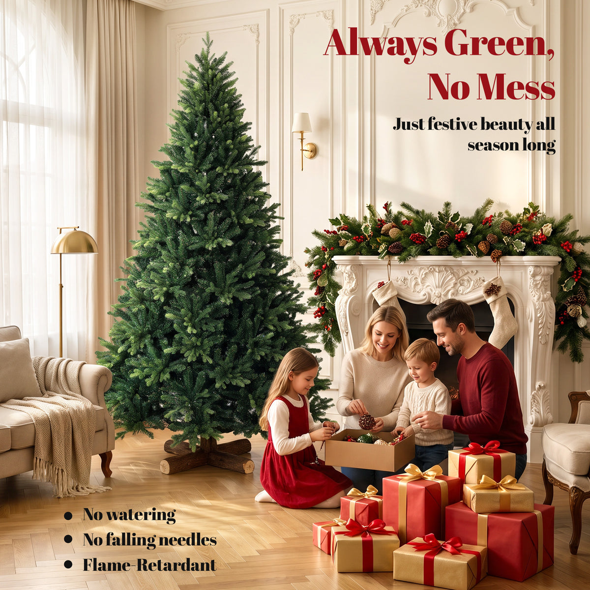 7ft Artificial Christmas Tree, Hinged Xmas Tree with 3834 PE & PVC Branch Tips, Solid Fir Wood Stand, Auto Open for Home Office Holiday Decoration, Green