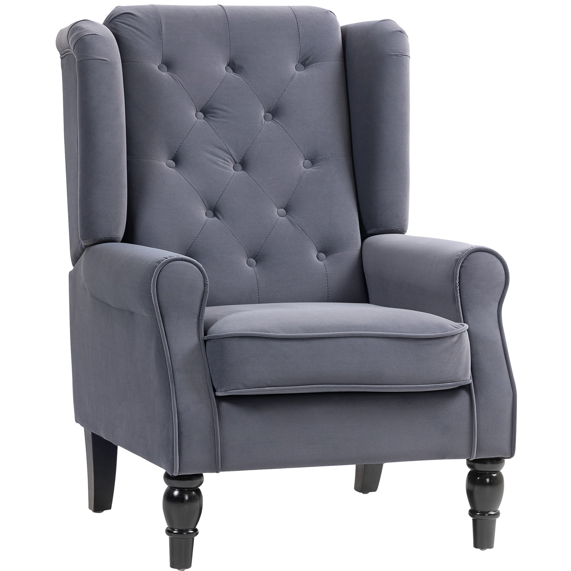 Retro Accent Chair, Velvet Wingback Armchair with Wood Frame Button Tufted Design for Living Room Bedroom, Charcoal Grey