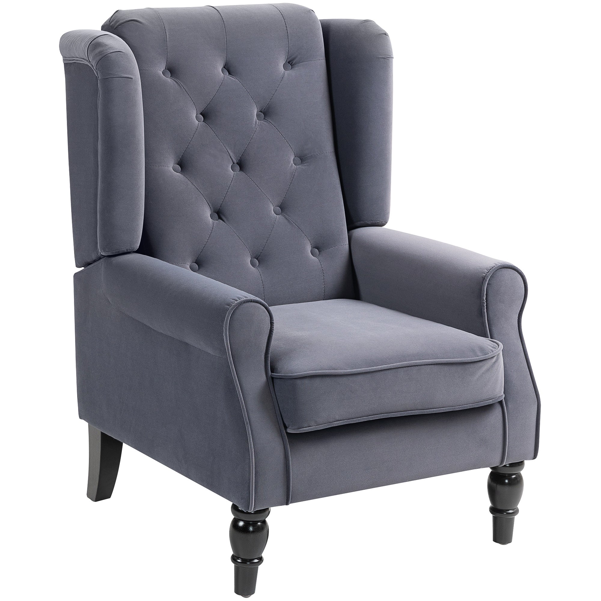 Retro Accent Chair, Velvet Wingback Armchair with Wood Frame Button Tufted Design for Living Room Bedroom, Charcoal Grey
