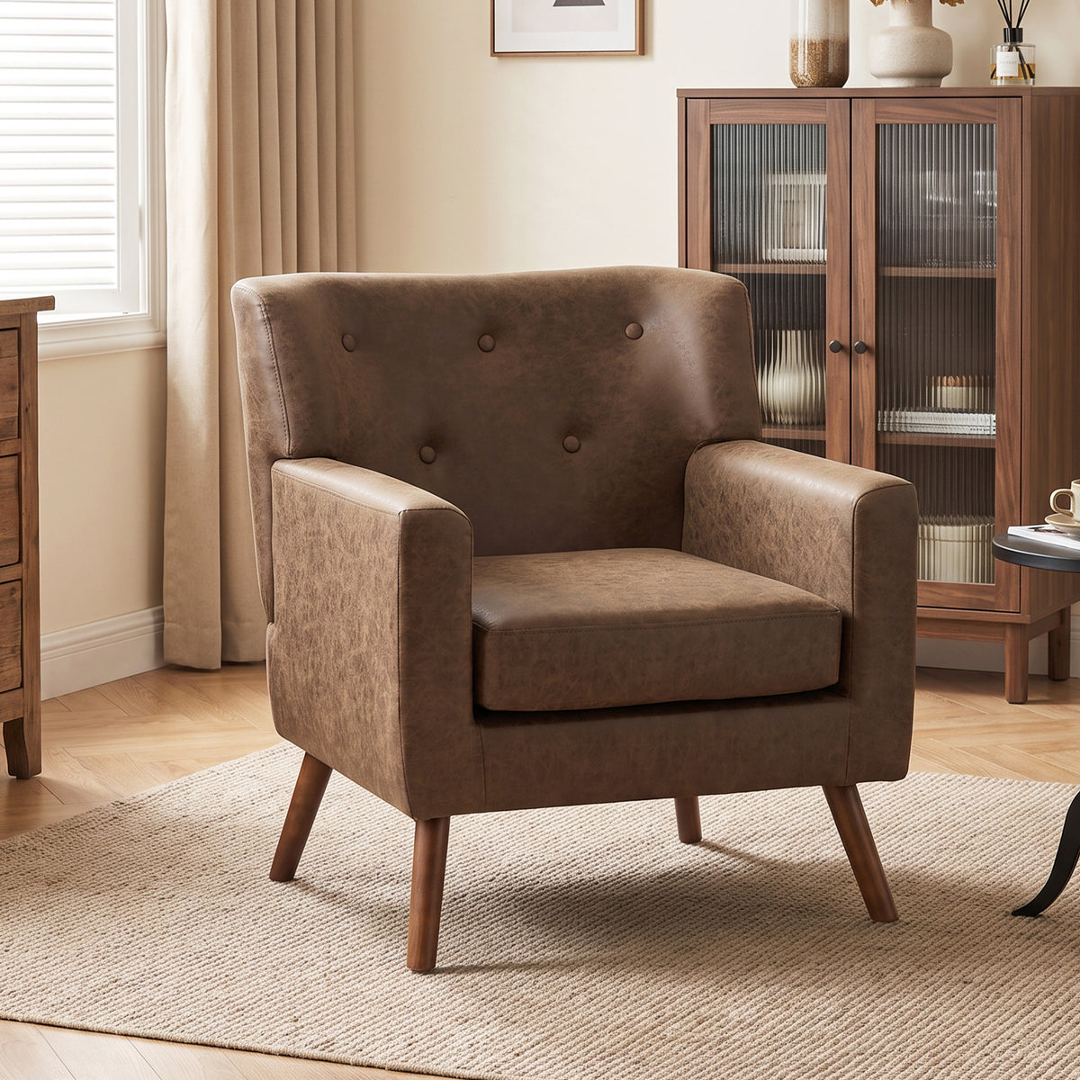 PU Leather Accent Chair, Mid Century Modern Armchair with Spring Seat Cushion, Tufted Back, Upholstered Club Chair with Wood Legs for Living Room Bedroom Study, Brown