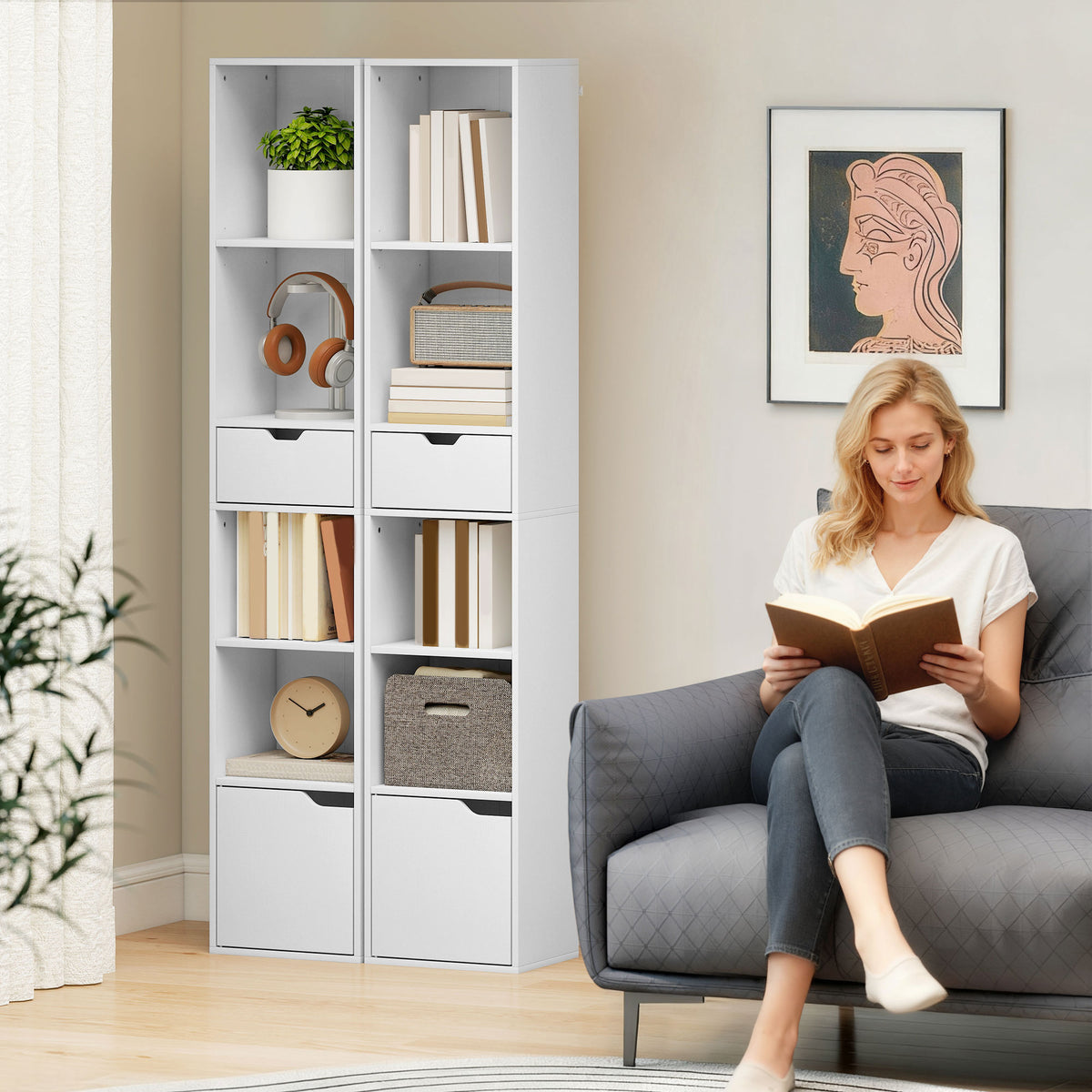 6-Tier Bookcase, Tall Narrow Bookshelf with Drawer, Door, Adjustable Shelf, Modern Display Standing Shelving Unit for Living Room, Home Office, Bedroom, 30 x 24 x 158 cm, White