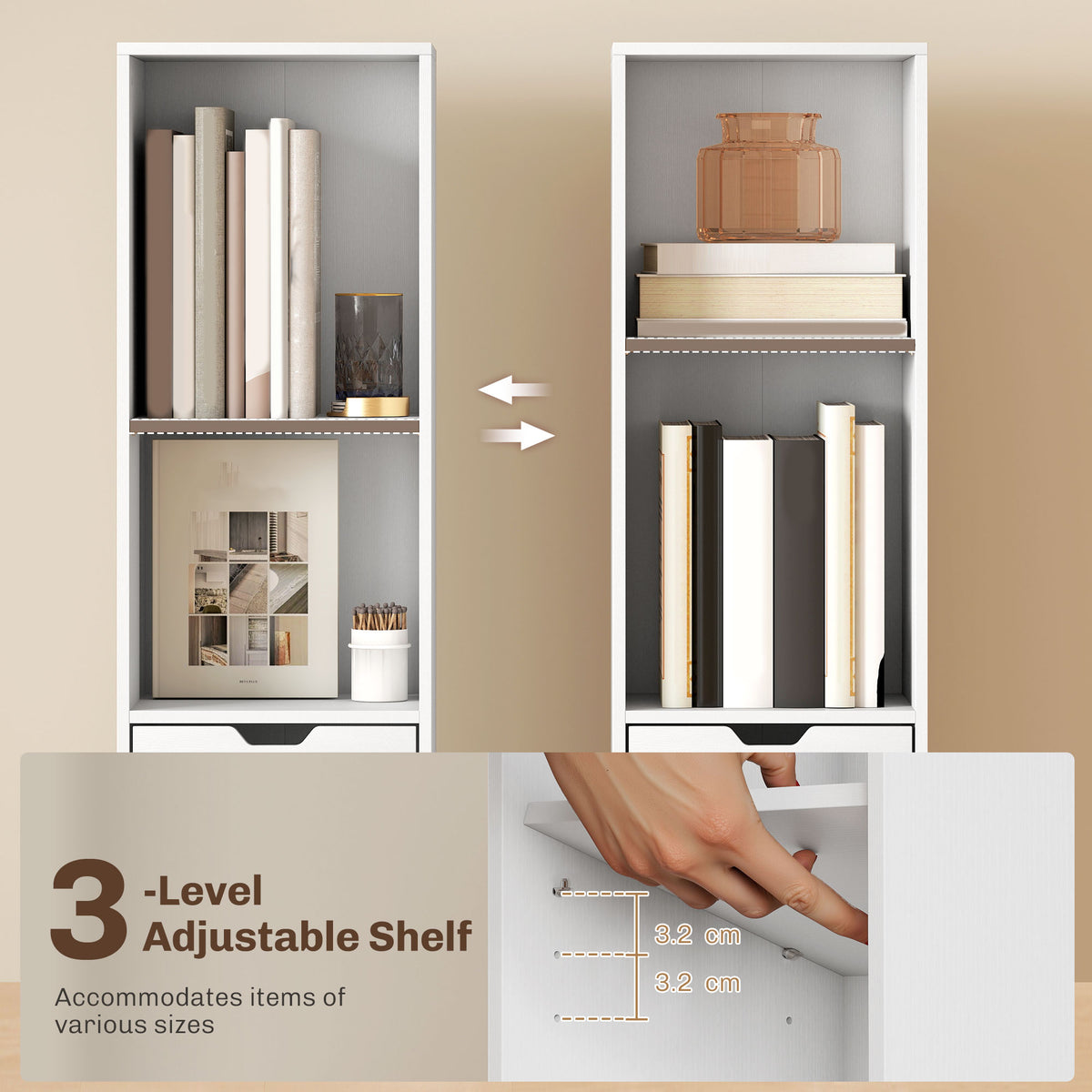 6-Tier Bookcase, Tall Narrow Bookshelf with Drawer, Door, Adjustable Shelf, Modern Display Standing Shelving Unit for Living Room, Home Office, Bedroom, 30 x 24 x 158 cm, White