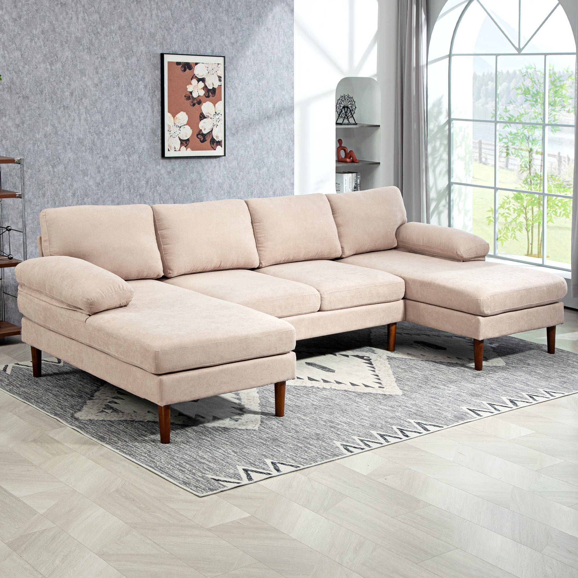 HOMCOM U Shape Sofa with Double Chaise Lounge, Modern 4 Seater Couch with Wooden Legs and Arms, Fabric Sofa for Living Room, Bedroom, Beige