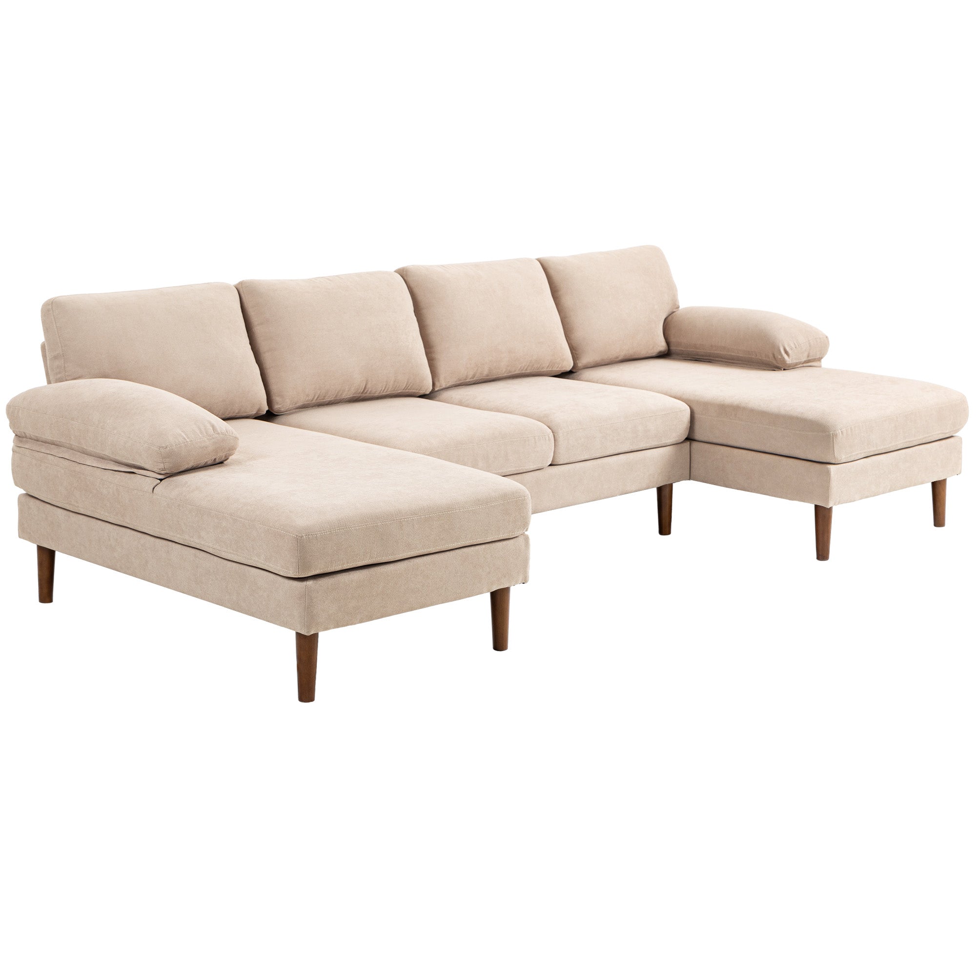 HOMCOM U Shape Sofa with Double Chaise Lounge, Modern 4 Seater Couch with Wooden Legs and Arms, Fabric Sofa for Living Room, Bedroom, Beige