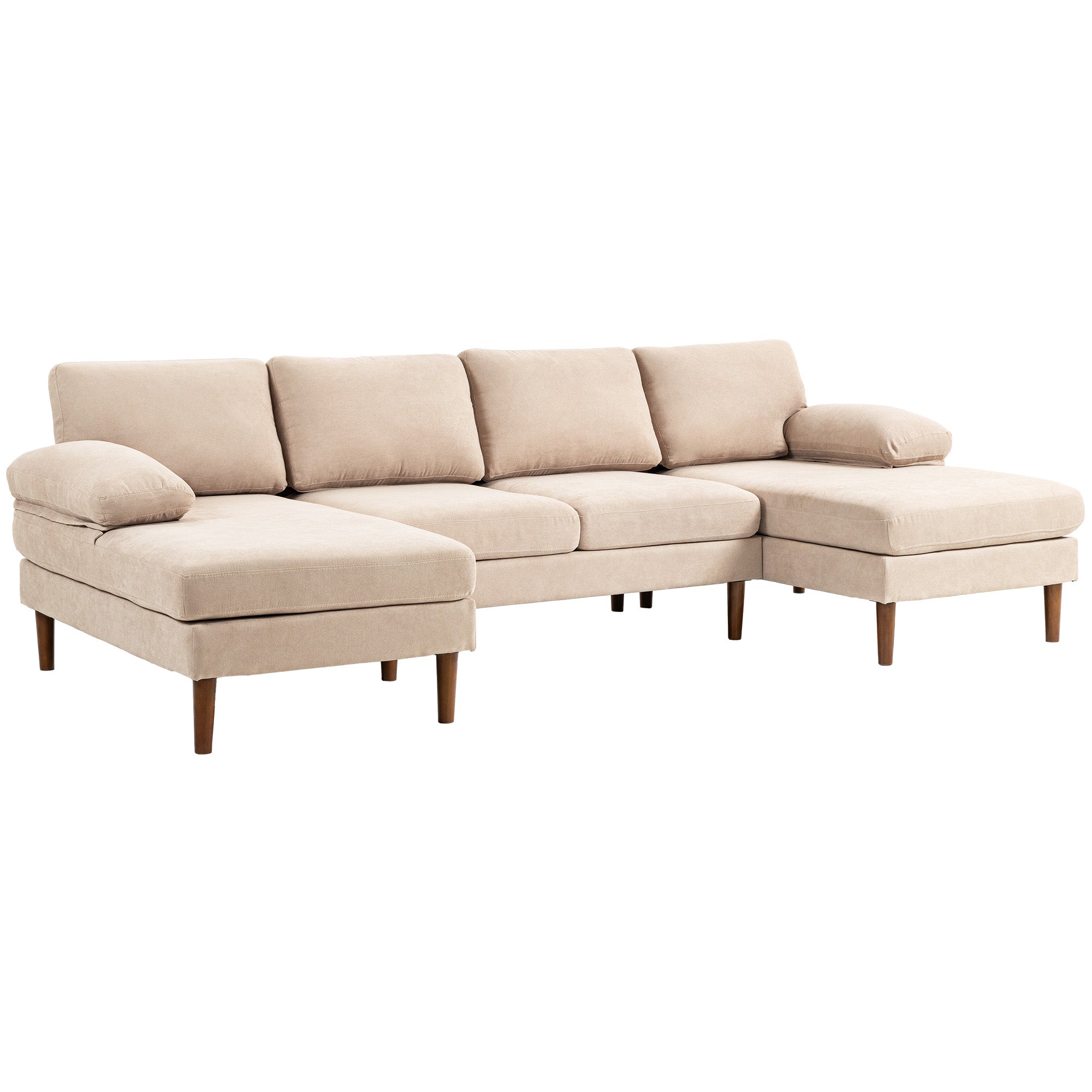 HOMCOM U Shape Sofa with Double Chaise Lounge, Modern 4 Seater Couch with Wooden Legs and Arms, Fabric Sofa for Living Room, Bedroom, Beige