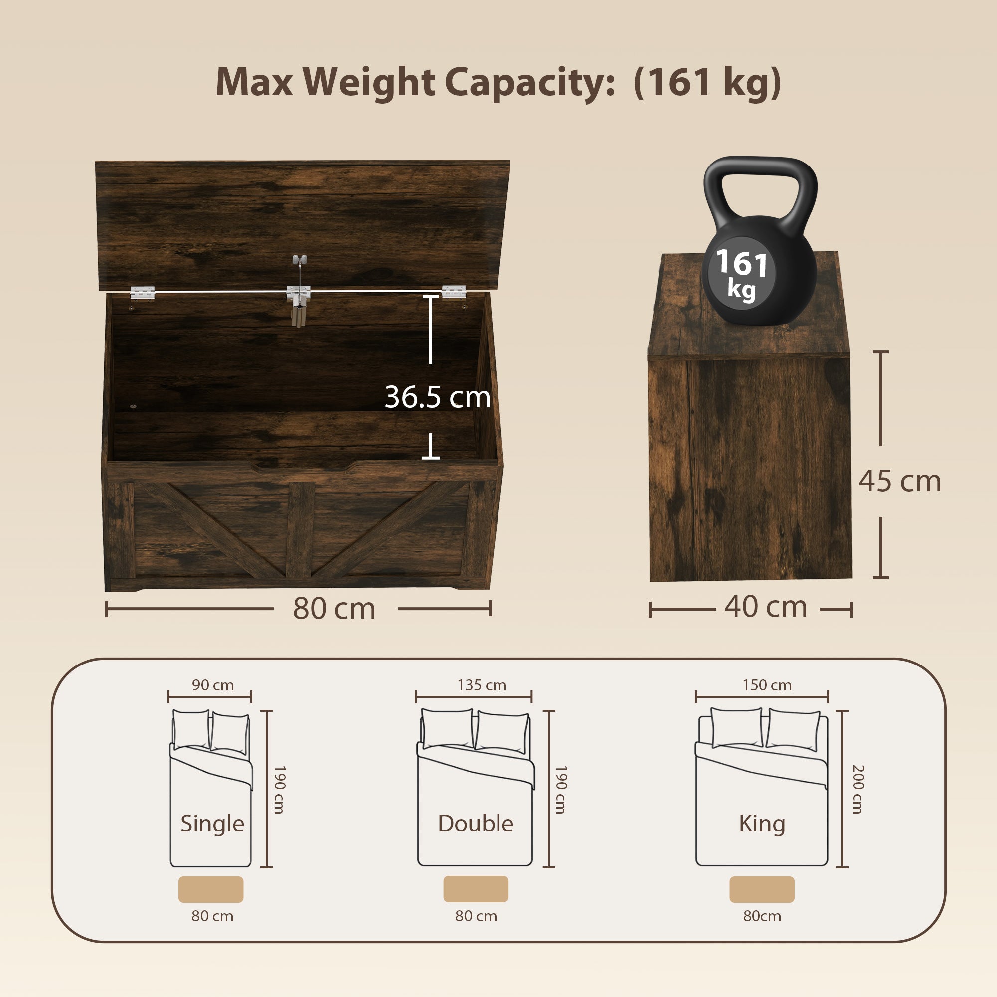 100L Storage Chest, Shoe Storage Trunk Bench Box with Safety Hinge and U-shaped Cut-out Pull, Blanket Box Ottoman for Bedroom, Living Room, Entryway, 80 x 40 x 45 cm, Rustic Brown Wood-Effect