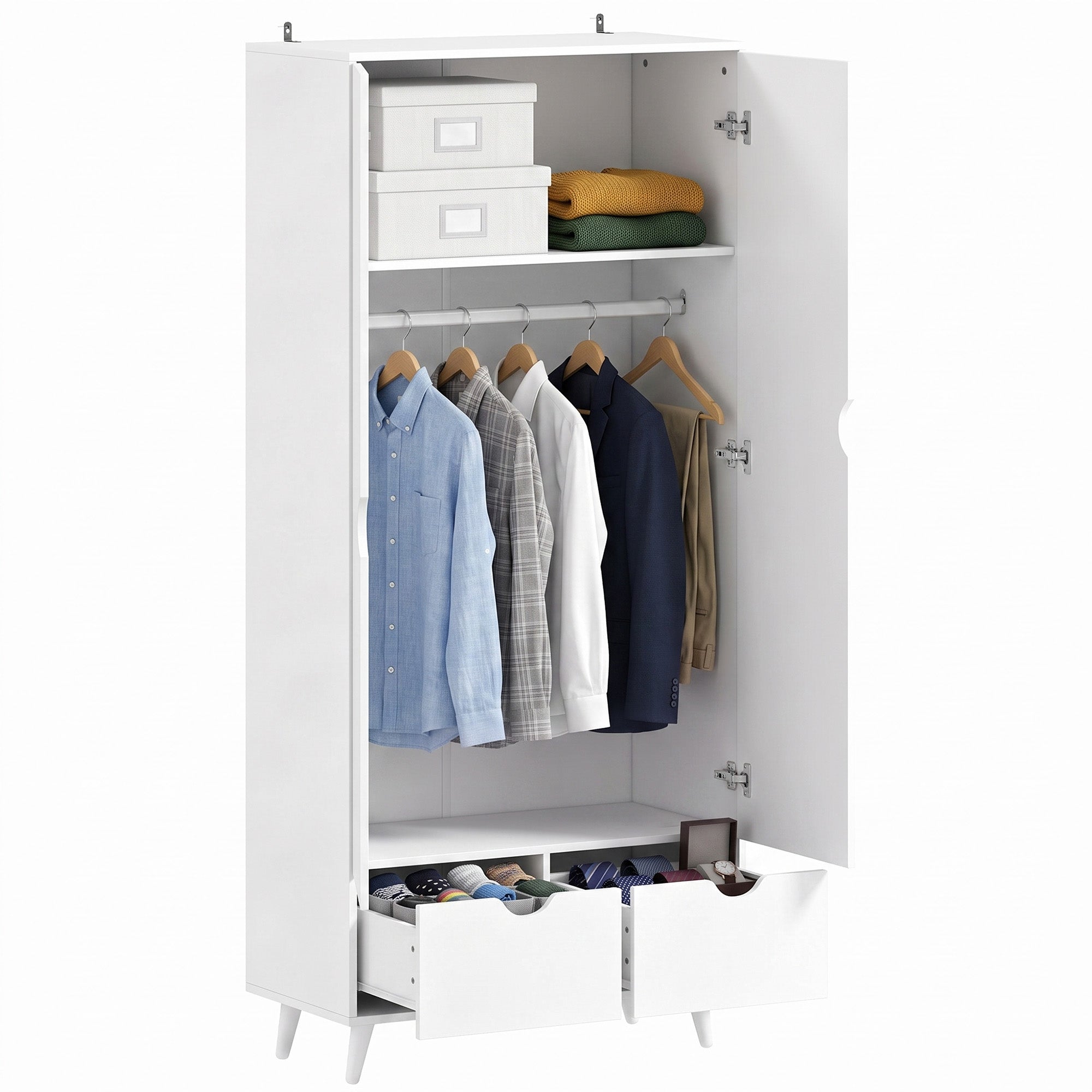 2-Door Clothes Wardrobe with Hanging Rail, Top Storage Shelf and 2 Drawers, Wood Feet, Elegant Home Storage Organisation Furniture for Dresses, Coats and Accessories, White