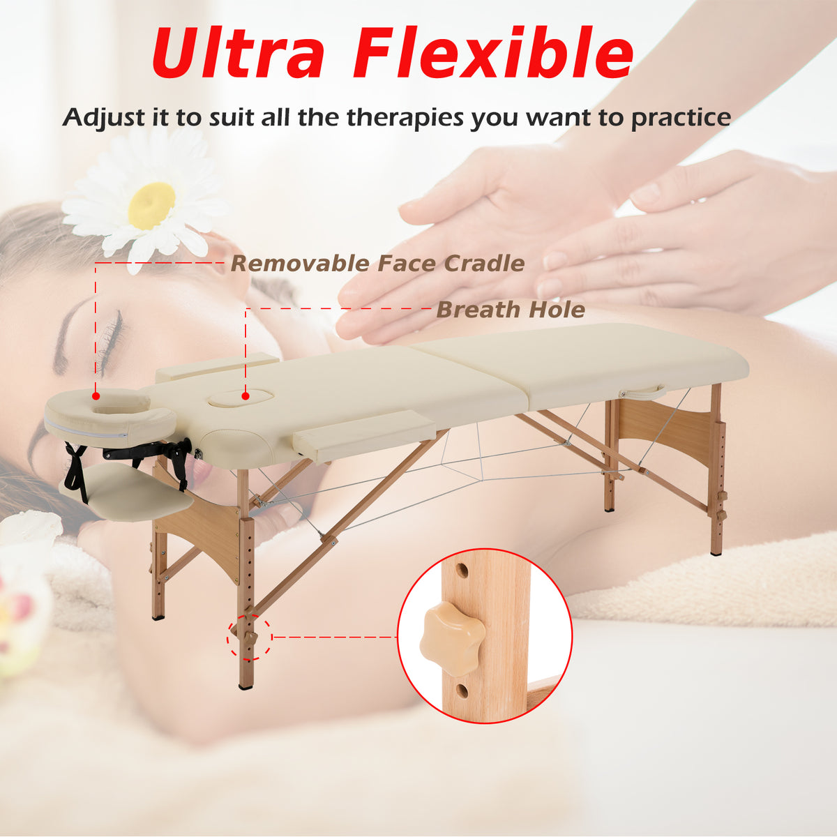 83 Inch Portable Folding Massage Table, Height Adjustable Professional Salon Spa Facial Couch Bed with Carrying Case, Headrest, Armrests, Beige