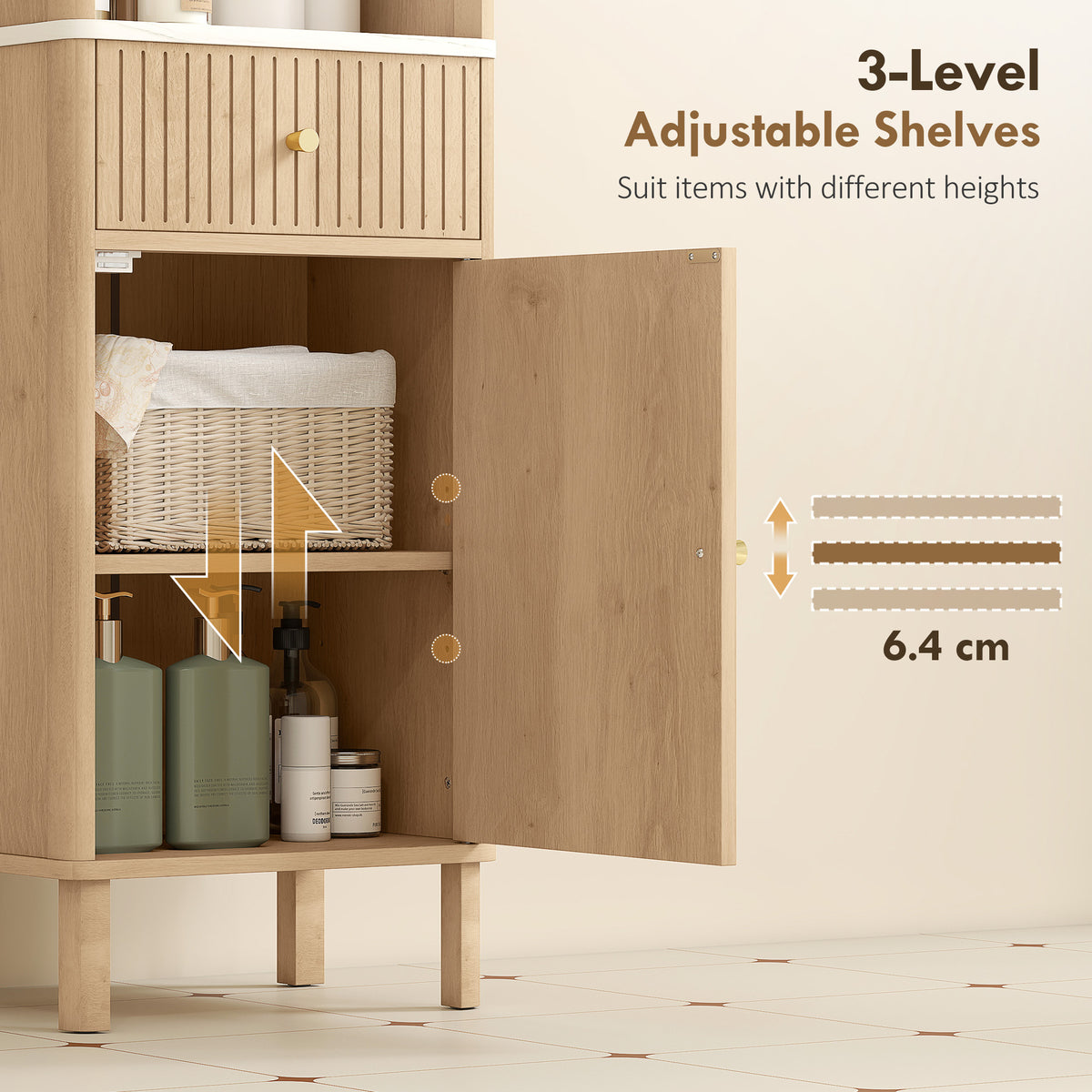 66" Tall Bathroom Cabinet, Freestanding Slim Bathroom Storage Cabinet with Silent-Glide Drawer, Adjustable Shelves, 2 Cupboards and Groove Doors, Oak Wood Effect