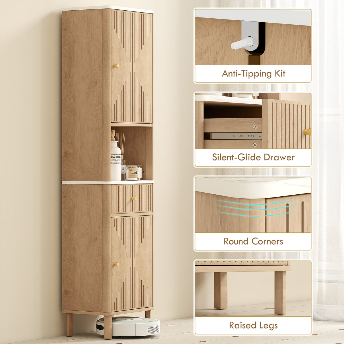 66" Tall Bathroom Cabinet, Freestanding Slim Bathroom Storage Cabinet with Silent-Glide Drawer, Adjustable Shelves, 2 Cupboards and Groove Doors, Oak Wood Effect