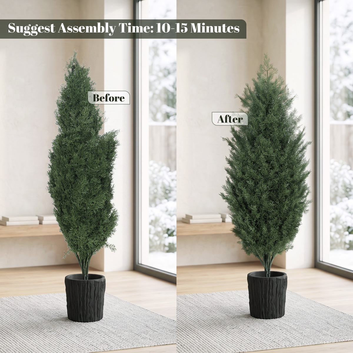 4ft Artificial Christmas Tree Set of 2, UV Resistant Faux Cedar Tree with 291 PE Branch Tips, Fake Potted Plant for Indoor & Outdoor Front Porch, Patio, Entryway, Balcony Decor