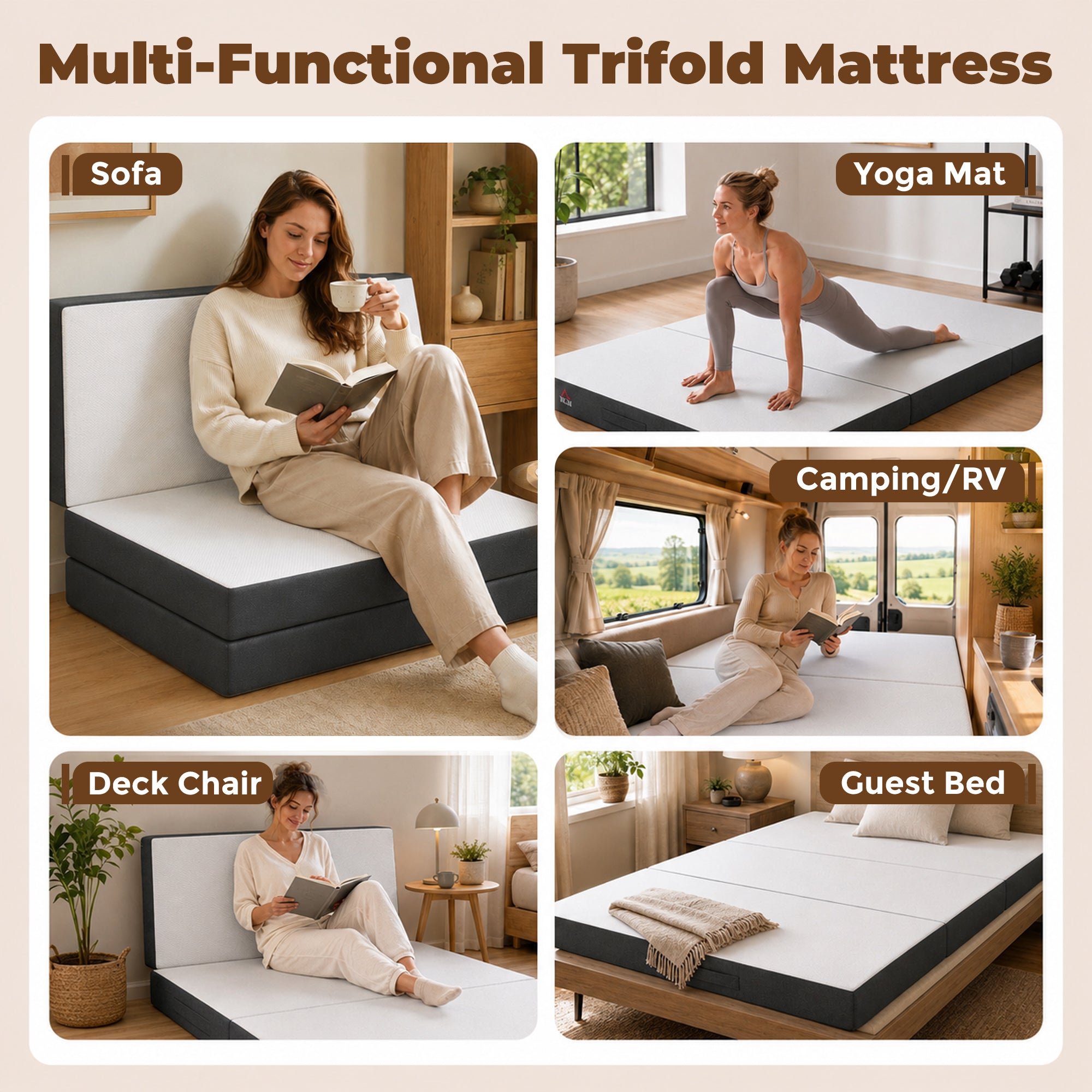 Trifold Mattress, 6 Inch Memory Foam Foldable Mattress, Queen Portable Folding Floor Bed with Washable Cover, Cooling Gel Topper for Guest, Camping, RV, Travel, Yoga, Made in USA 80" x 60" x 6"